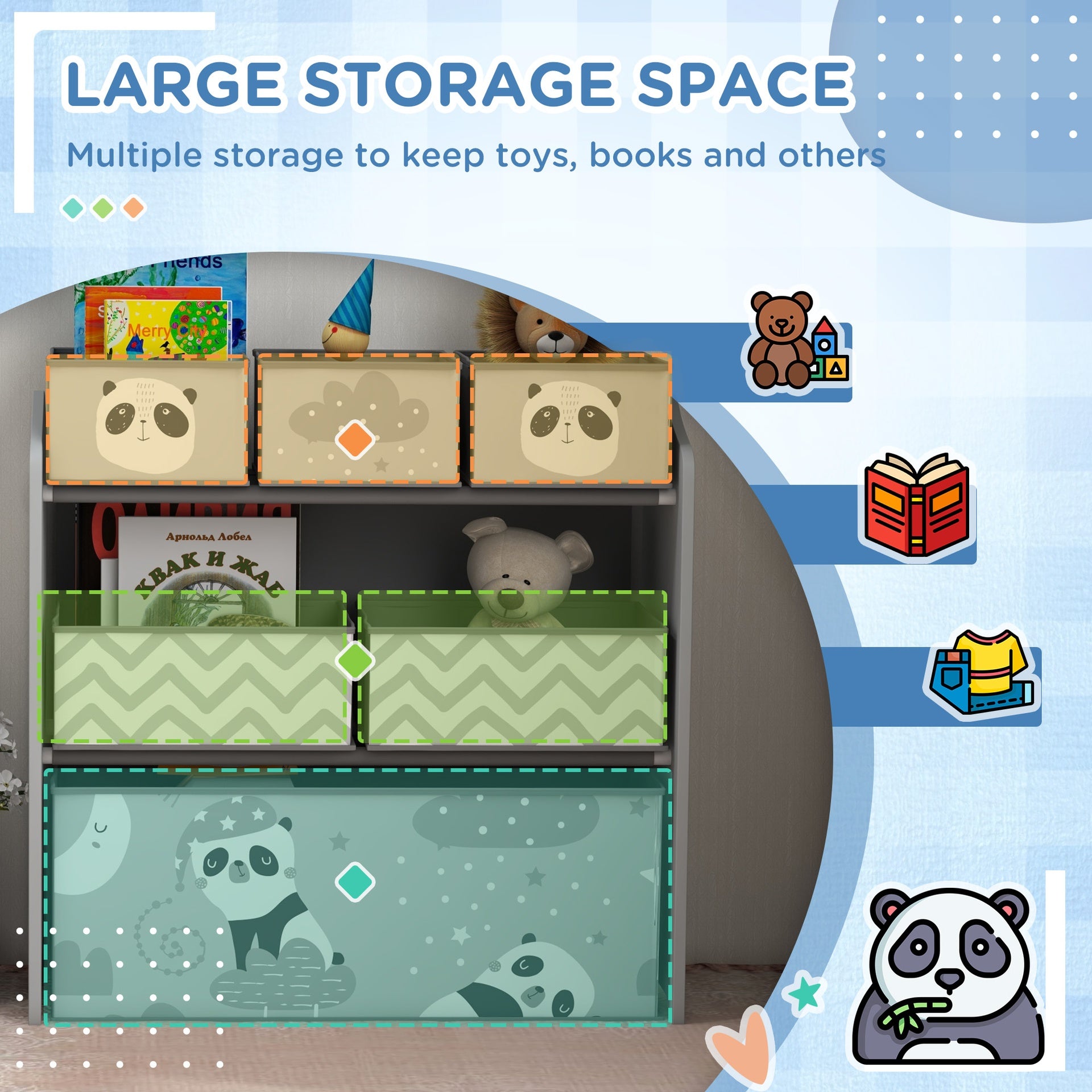 Qaba Toy Organizer with 6 Storage Bins, 25" x 12" x 26", Gray