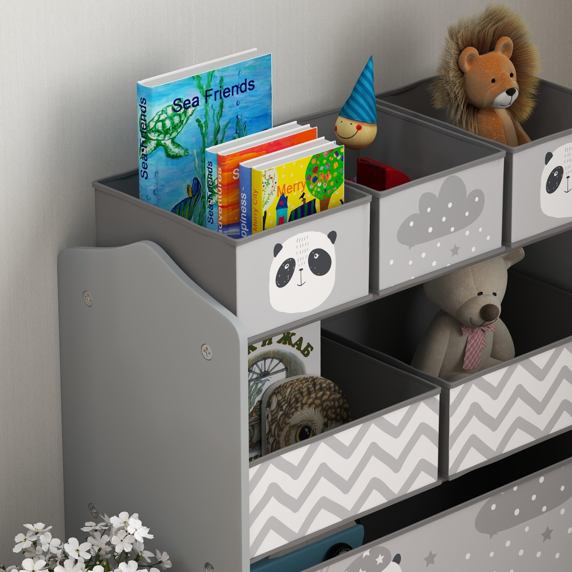 Qaba Toy Organizer with 6 Storage Bins, 25" x 12" x 26", Gray
