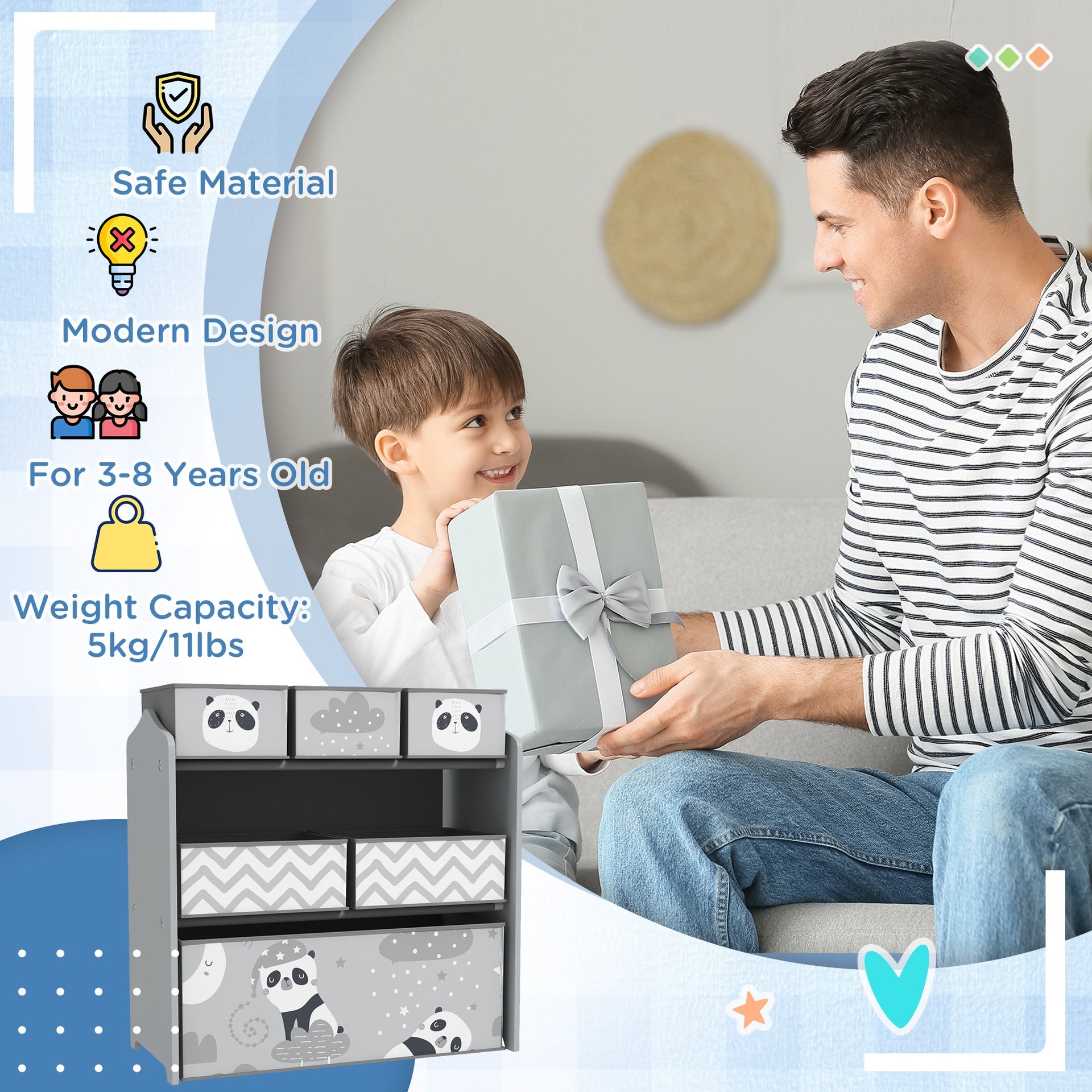 Qaba Toy Organizer with 6 Storage Bins, 25" x 12" x 26", Gray