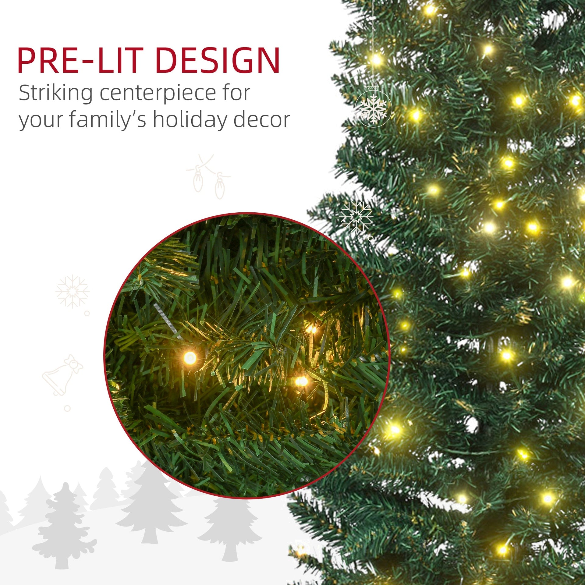 HOMCOM 7' Tall Pre-Lit Slim Noble Fir Artificial Pencil Christmas Tree with 200 Warm White LED Lights and 499 Tips, for Christmas Decoration, Green