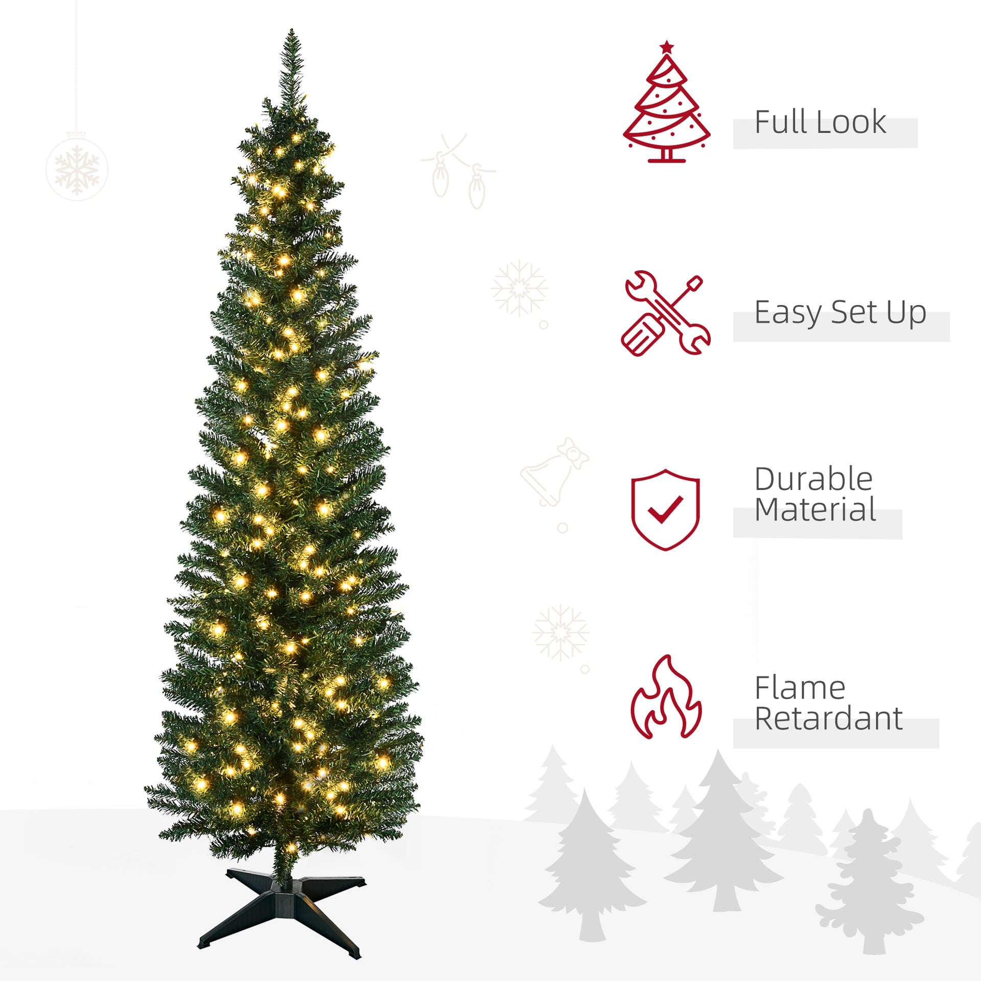 HOMCOM 7' Tall Pre-Lit Slim Noble Fir Artificial Pencil Christmas Tree with 200 Warm White LED Lights and 499 Tips, for Christmas Decoration, Green