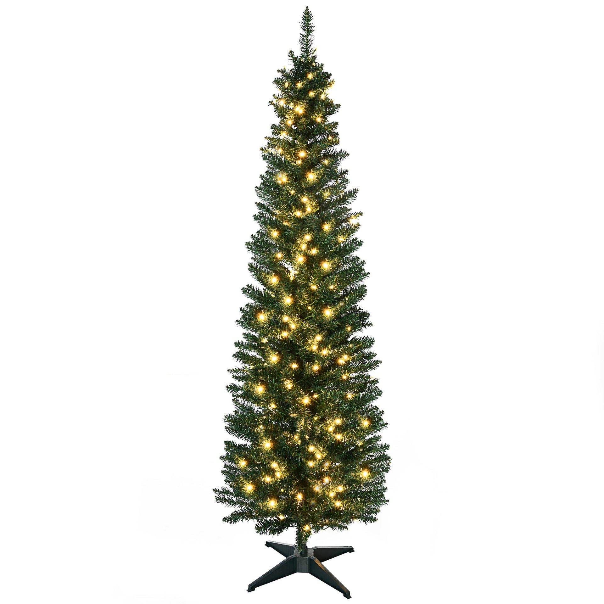HOMCOM 7' Tall Pre-Lit Slim Noble Fir Artificial Pencil Christmas Tree with 200 Warm White LED Lights and 499 Tips, for Christmas Decoration, Green