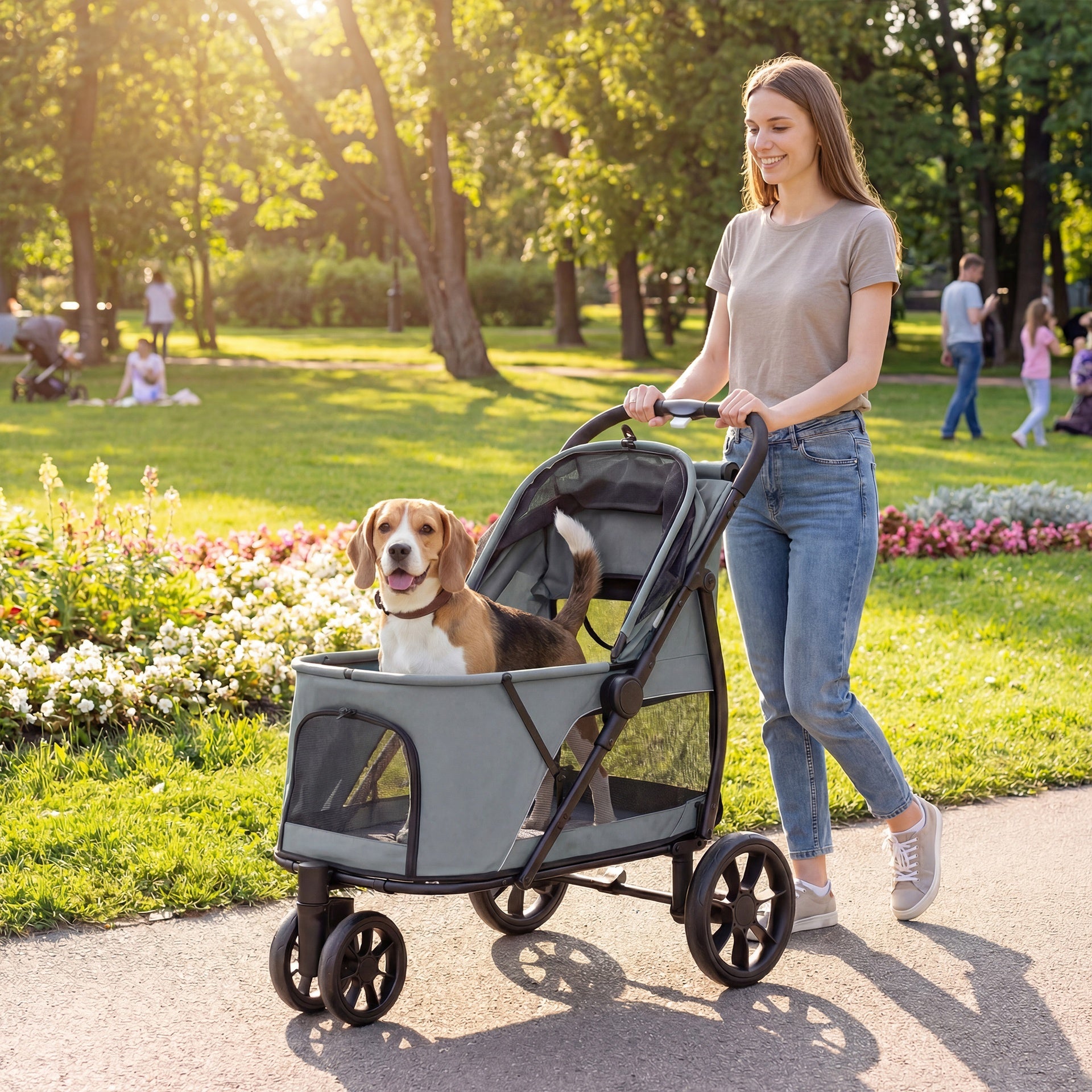 PawHut 3 Wheel Pet Stroller with Easy One-Click Quick Fold, Mesh Window, Washable Cushion, for Medium Dogs, Gray