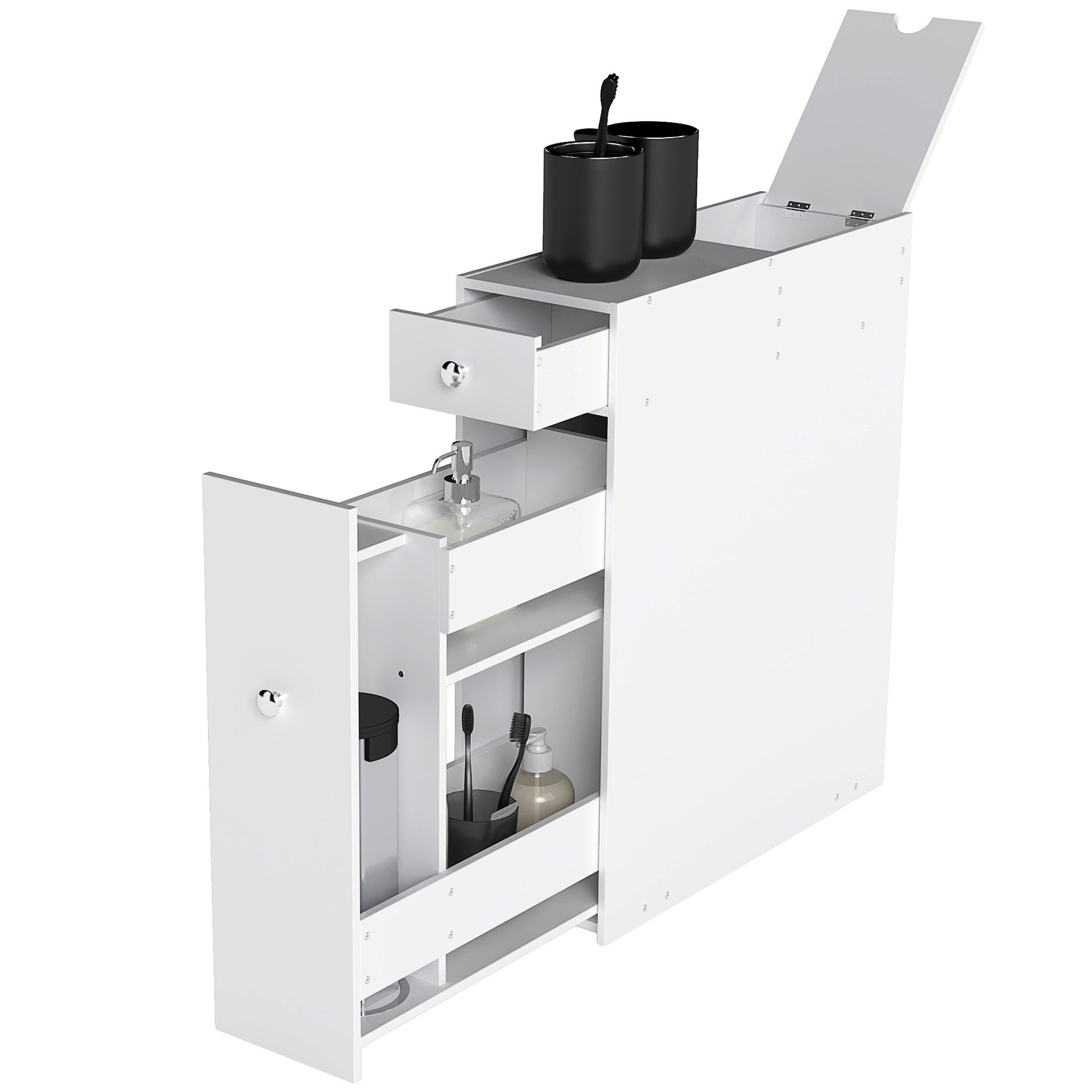 HOMCOM Bathroom Floor Organizer Free Standing Space Saving Narrow Storage Cabinet Bath Toilet Paper Holder with Drawers White