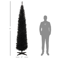 HOMCOM 8ft Unlit Pencil Artificial Christmas Tree with Realistic Branches and 618 Tips, Plastic Base, Black