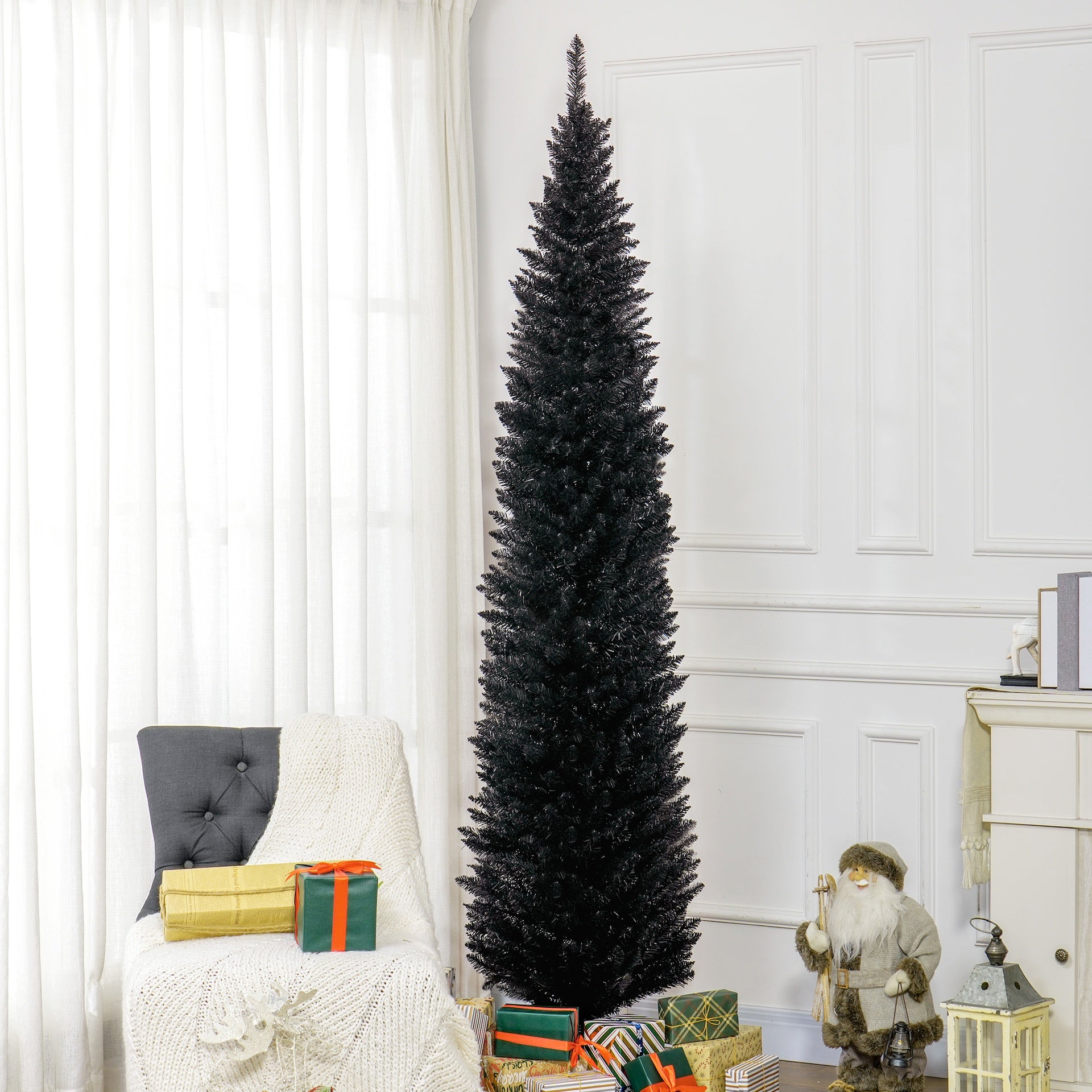 HOMCOM 8ft Unlit Pencil Artificial Christmas Tree with Realistic Branches and 618 Tips, Plastic Base, Black