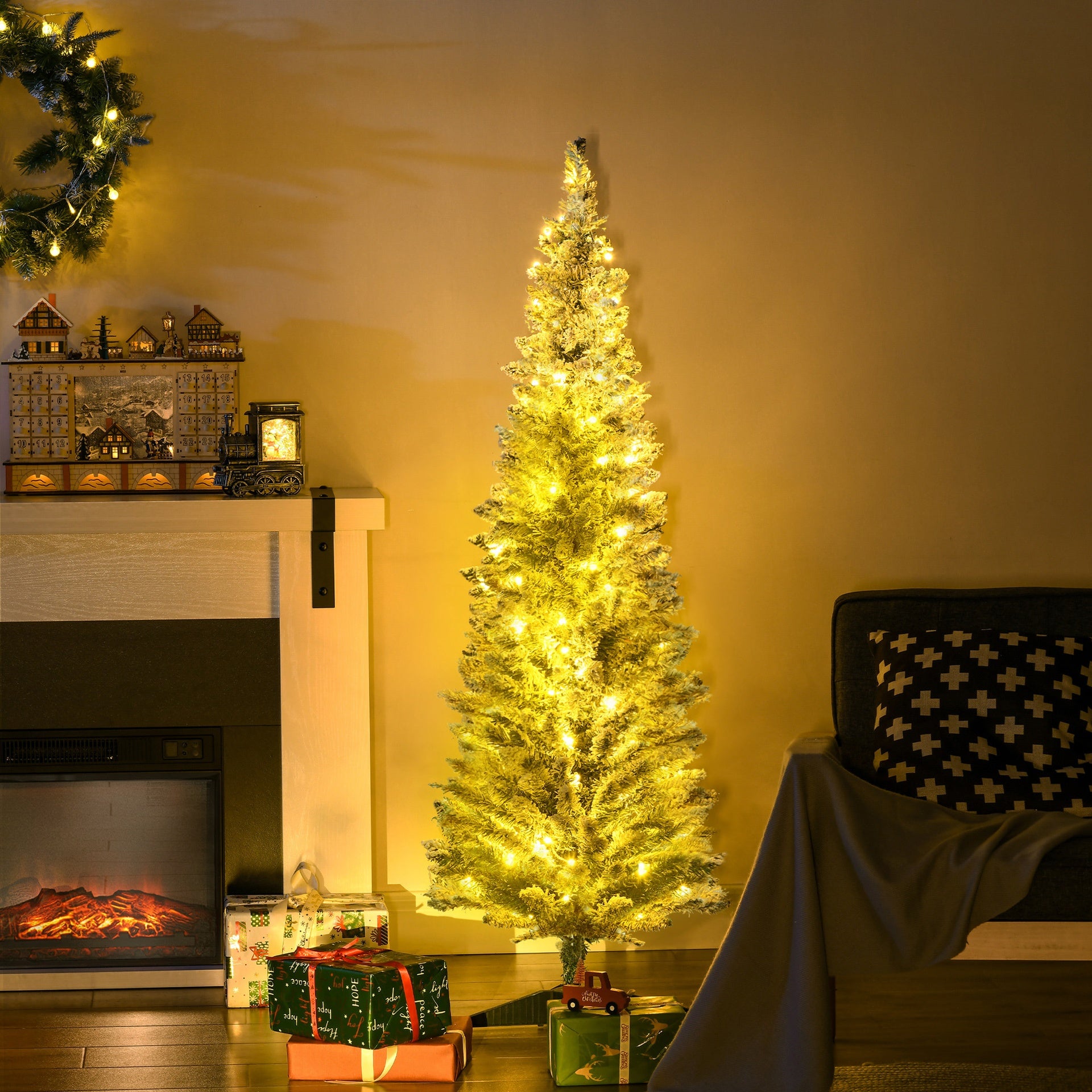 HOMCOM 5ft Pencil Christmas Tree, Slim Artificial Christmas Tree with Realistic Branches and Warm White LED Lights, Green