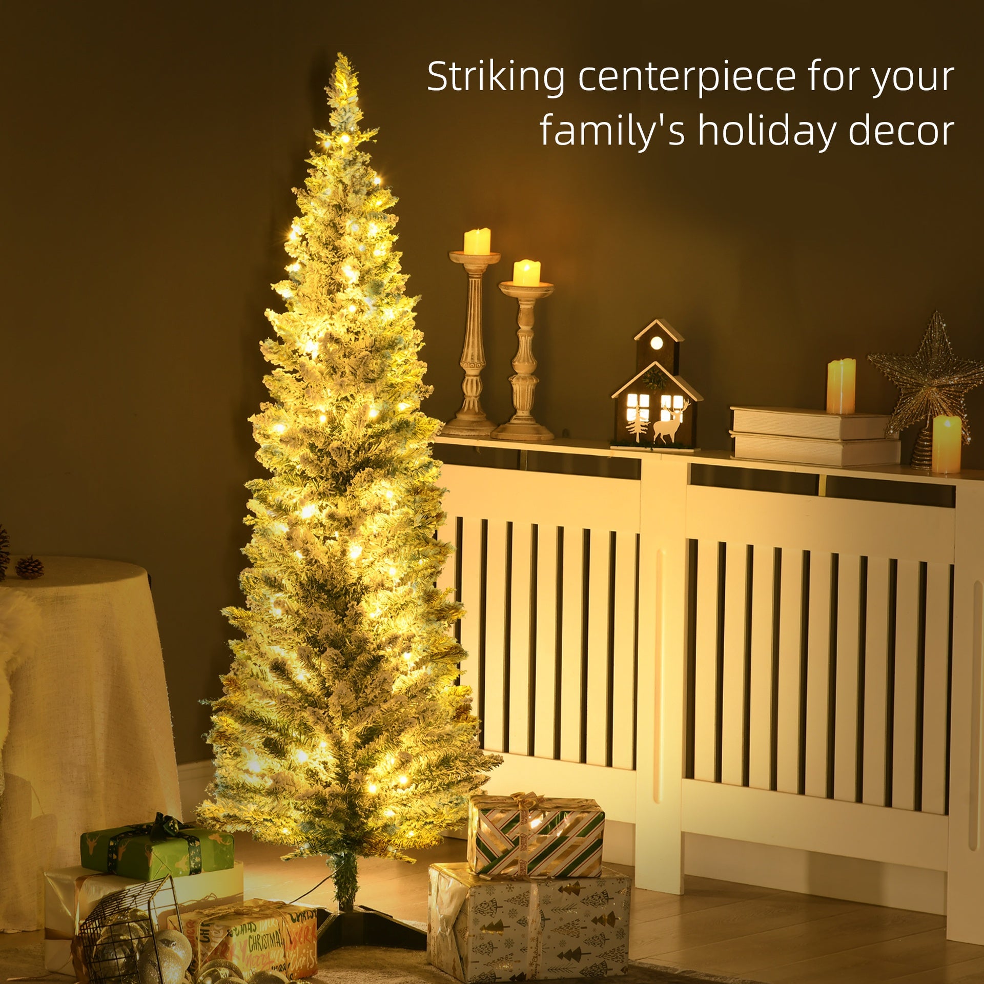 HOMCOM 5ft Pencil Christmas Tree, Slim Artificial Christmas Tree with Realistic Branches and Warm White LED Lights, Green