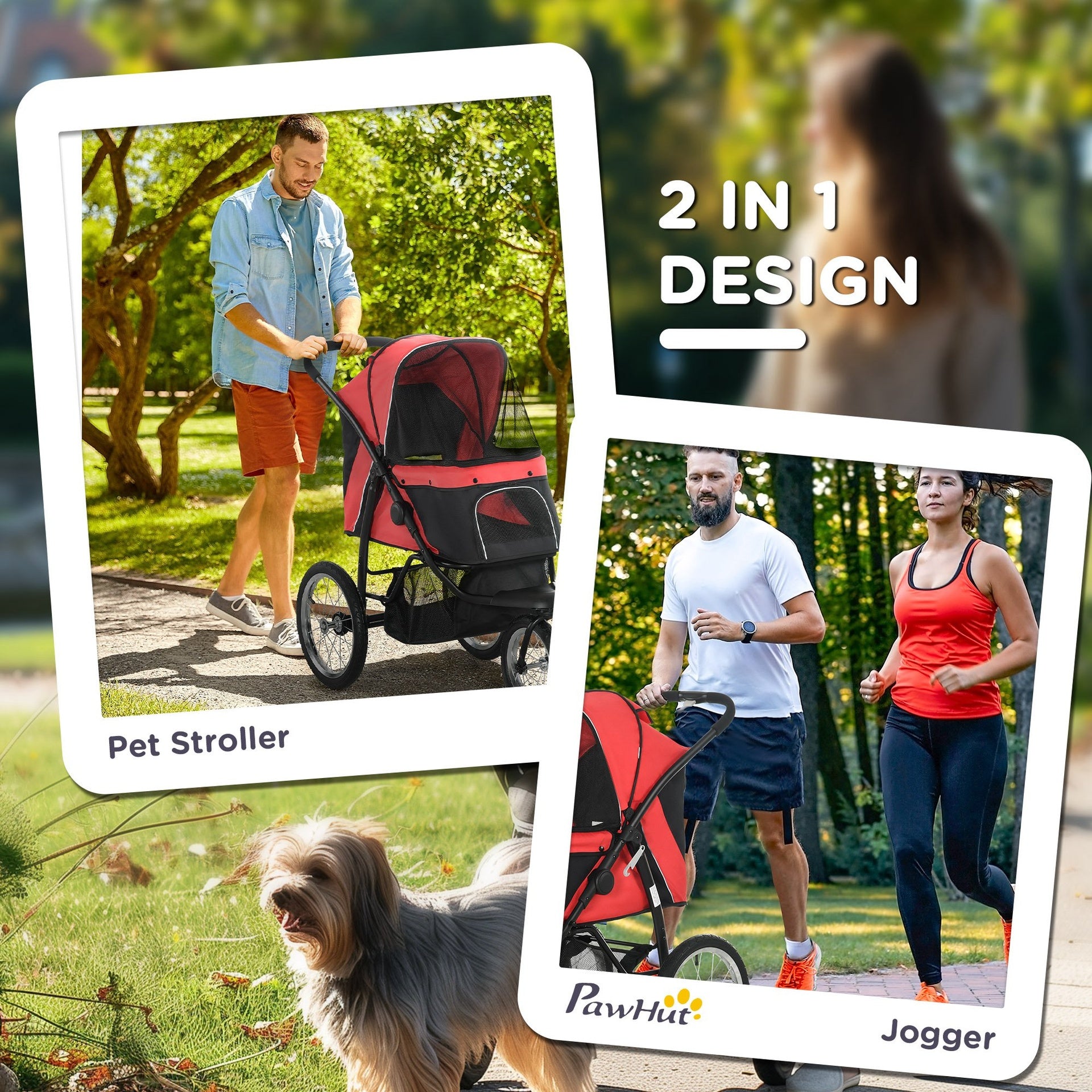 PawHut 3 Wheels Pet Stroller for Small Dogs and Medium Dogs with Adjustable Canopy, Safety Tether, Storage Basket, Red