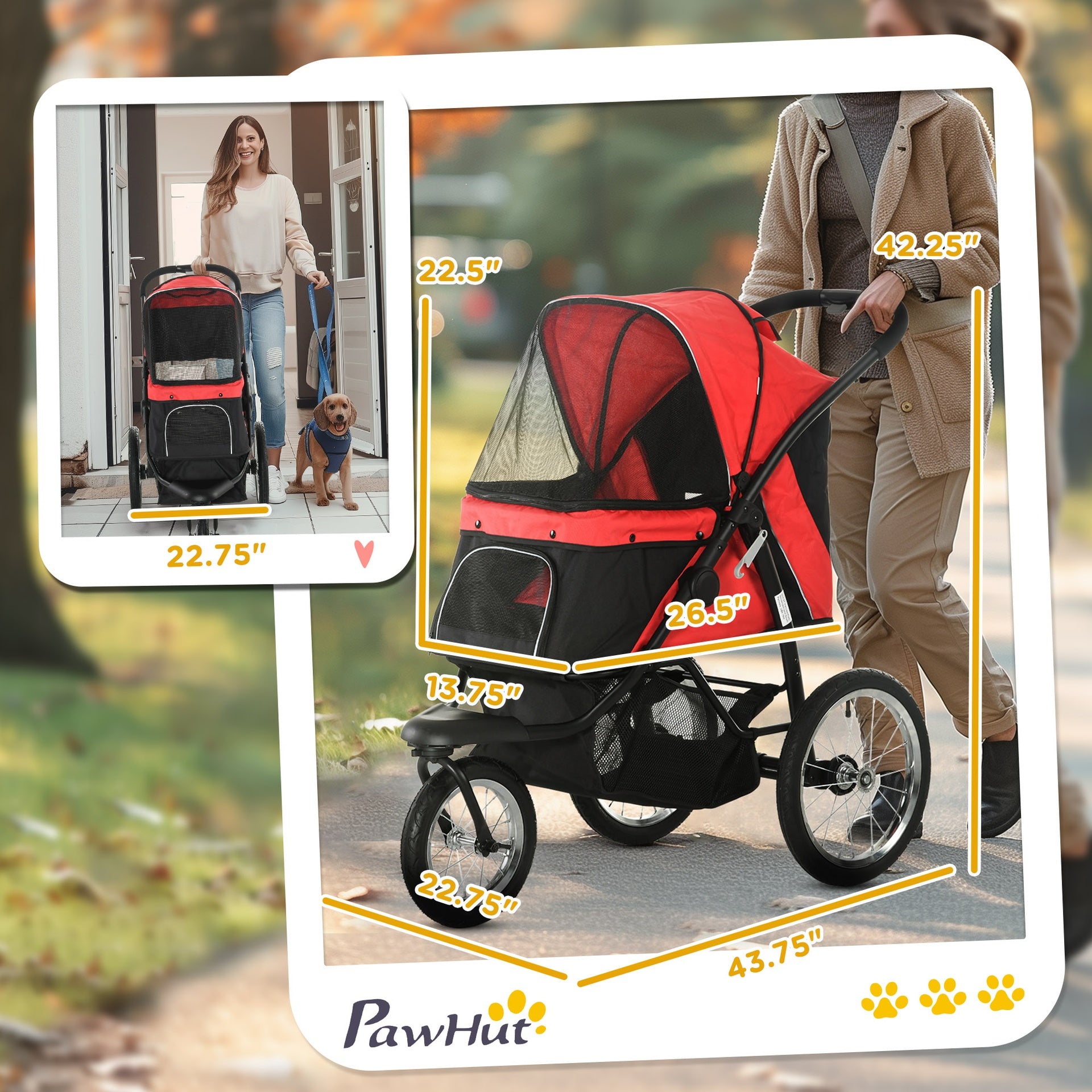 PawHut 3 Wheels Pet Stroller for Small Dogs and Medium Dogs with Adjustable Canopy, Safety Tether, Storage Basket, Red