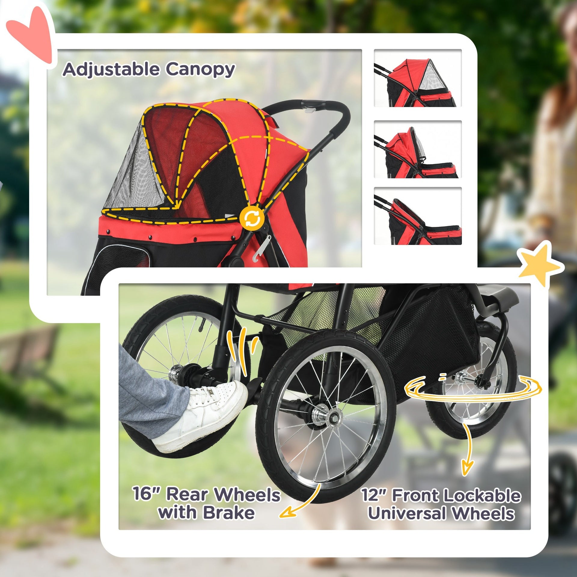 PawHut 3 Wheels Pet Stroller for Small Dogs and Medium Dogs with Adjustable Canopy, Safety Tether, Storage Basket, Red