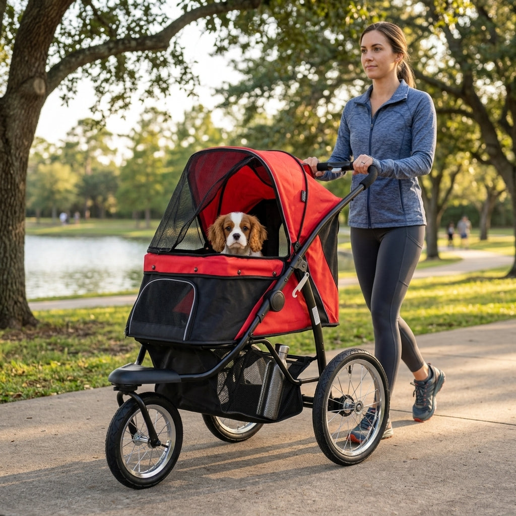 PawHut 3 Wheels Pet Stroller for Small Dogs and Medium Dogs with Adjustable Canopy, Safety Tether, Storage Basket, Red