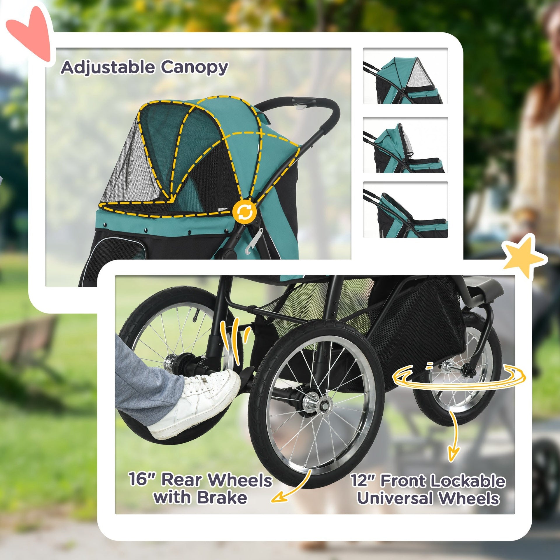 PawHut 3 Wheels Pet Stroller for Small Dogs and Medium Dogs with Adjustable Canopy, Safety Tether, Storage Basket, Dark Green