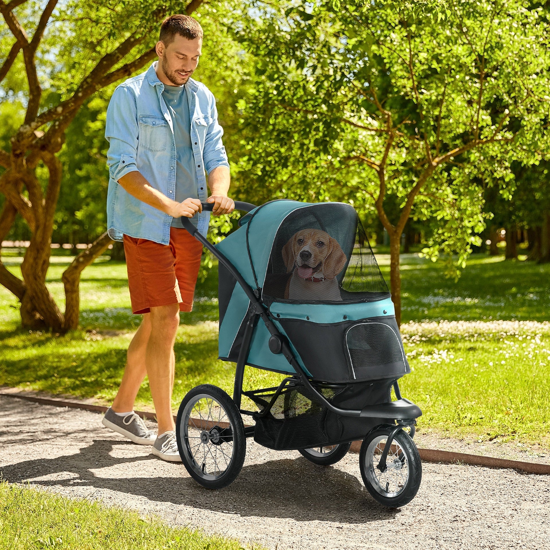 PawHut 3 Wheels Pet Stroller for Small Dogs and Medium Dogs with Adjustable Canopy, Safety Tether, Storage Basket, Dark Green