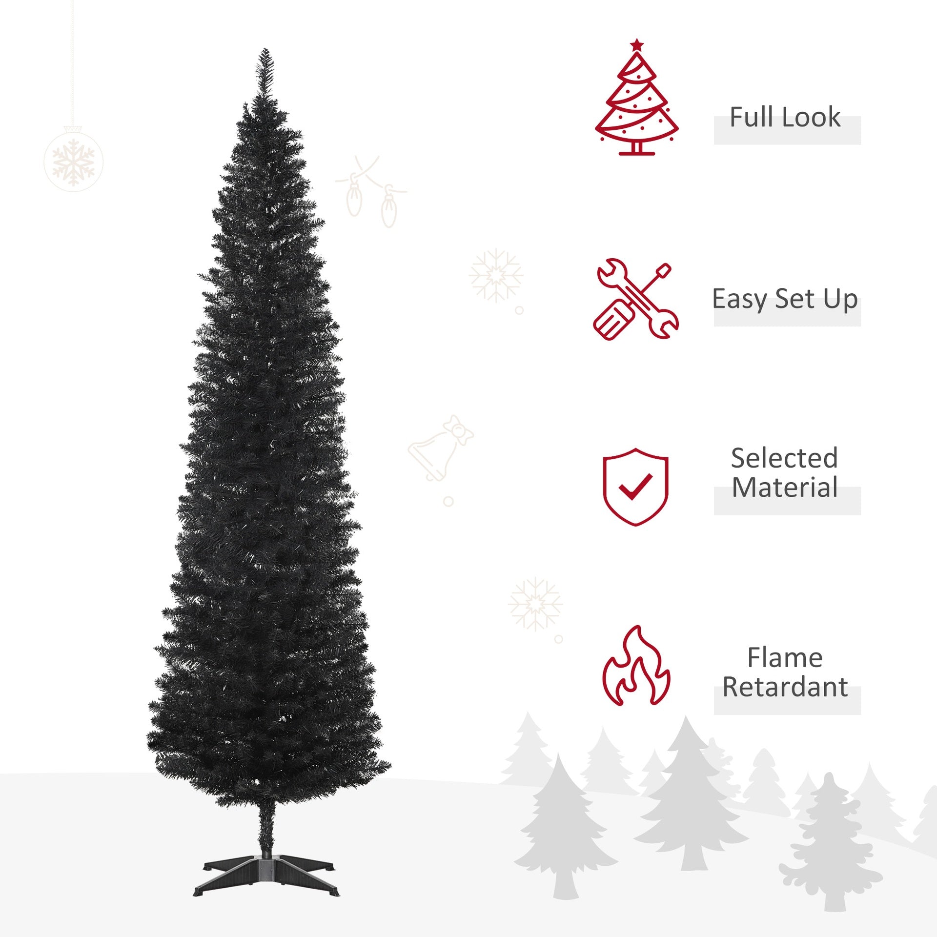 HOMCOM 7ft Unlit Pencil Artificial Christmas Tree with Realistic Branches and 499 Tips, Plastic Base, Black