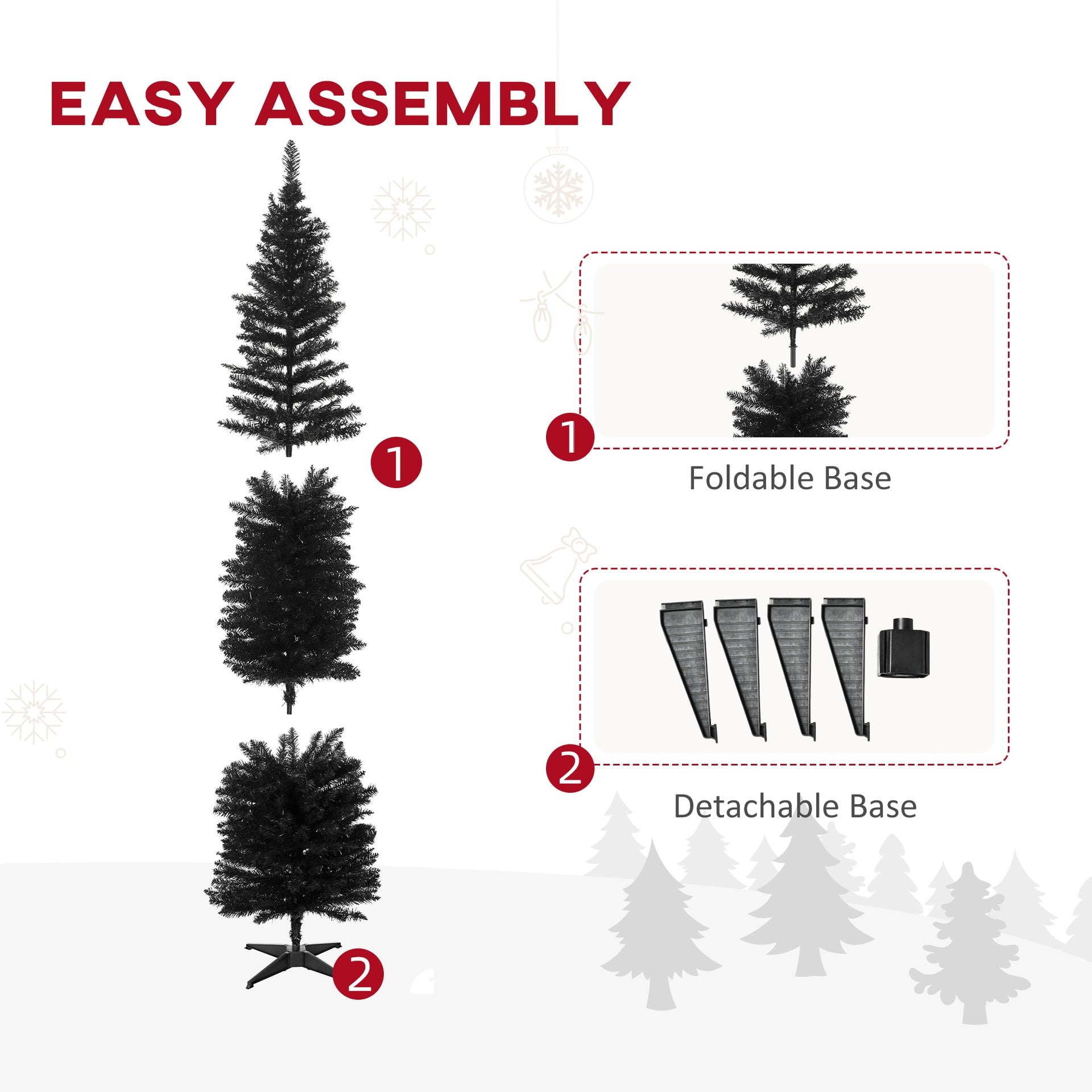 HOMCOM 7ft Unlit Pencil Artificial Christmas Tree with Realistic Branches and 499 Tips, Plastic Base, Black