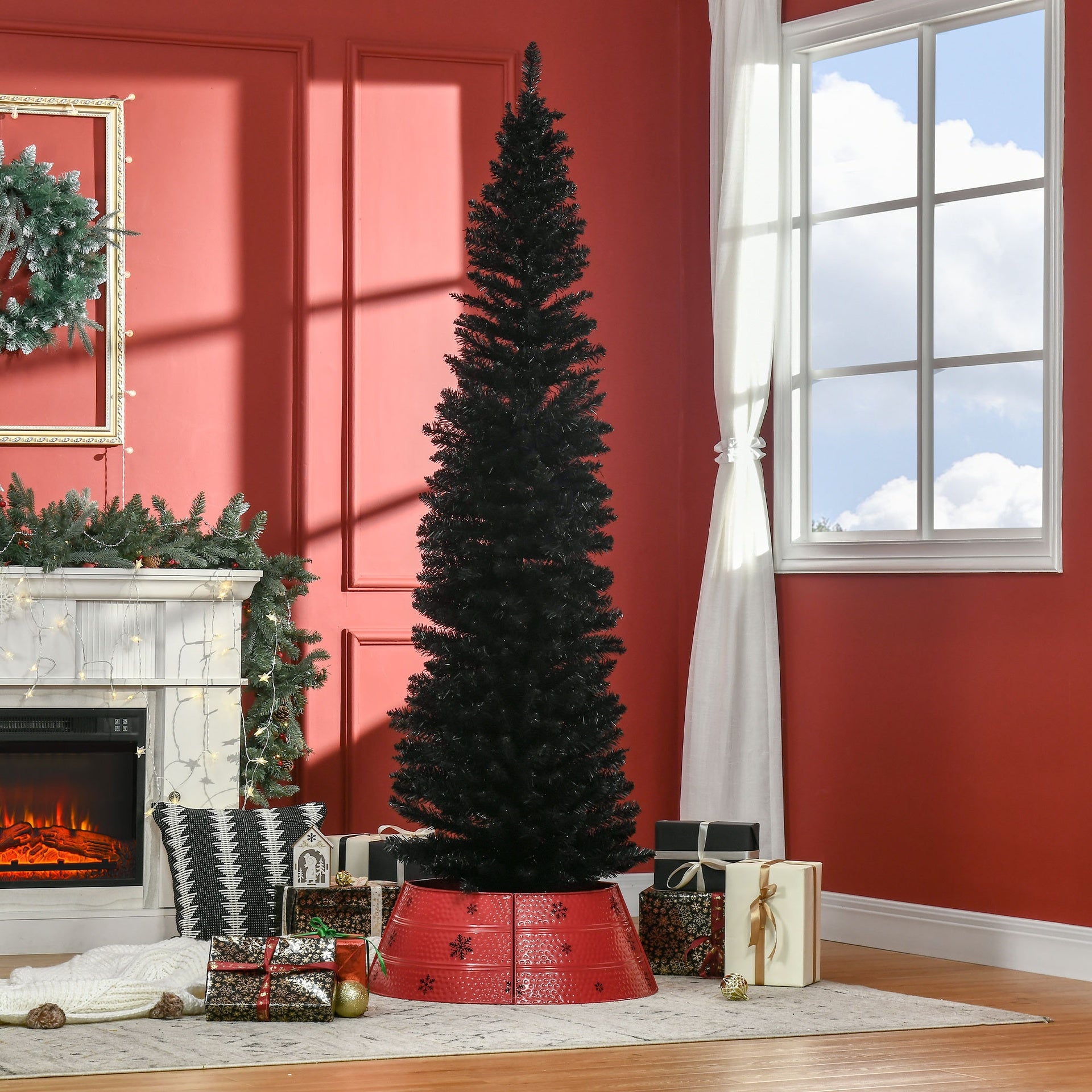 HOMCOM 7ft Unlit Pencil Artificial Christmas Tree with Realistic Branches and 499 Tips, Plastic Base, Black
