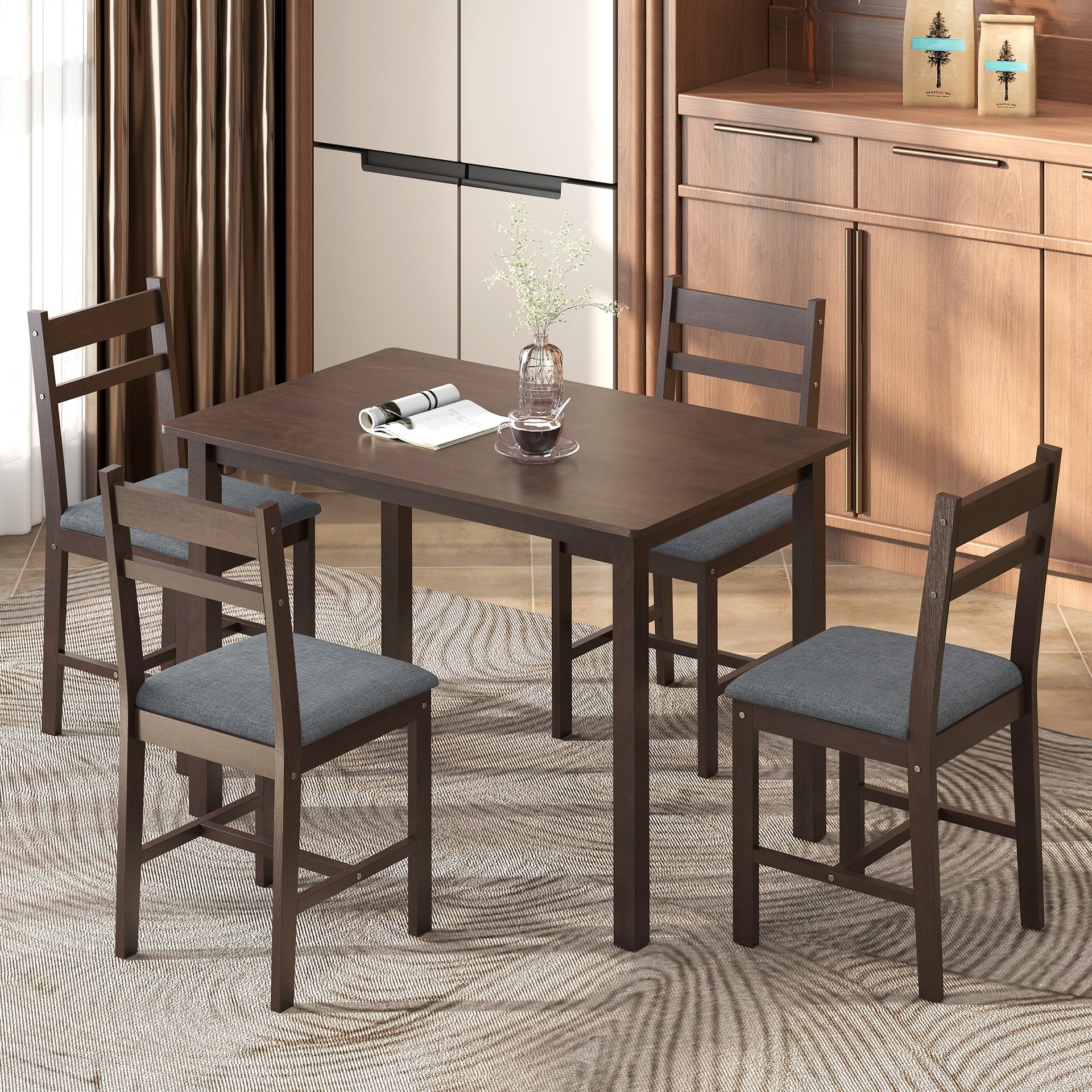 HOMCOM 5-Piece Solid Wood Dining Table Set for 4, Farmhouse Kitchen Table with Upholstered Chairs for Dining Room, Walnut