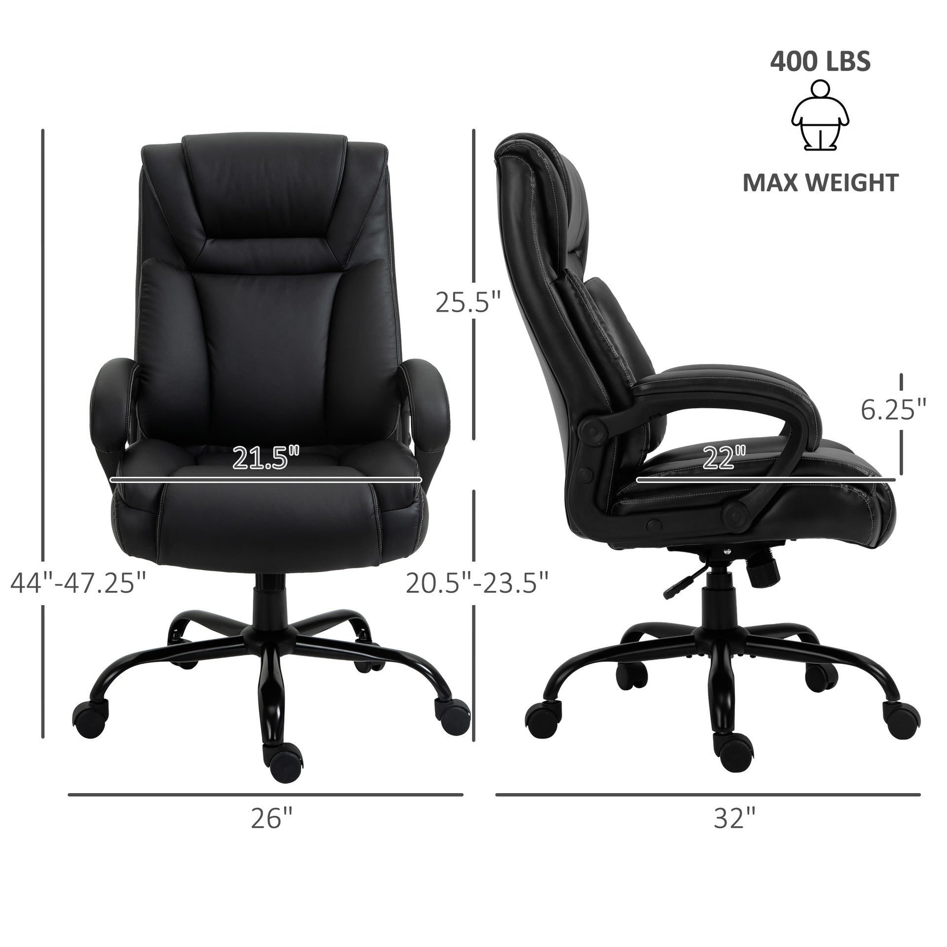 Vinsetto Big and Tall 400lbs Executive Office Chair with Wide Seat, Computer Desk Chair with High Back PU Leather Ergonomic Upholstery, Adjustable Height and Swivel Wheels, Black