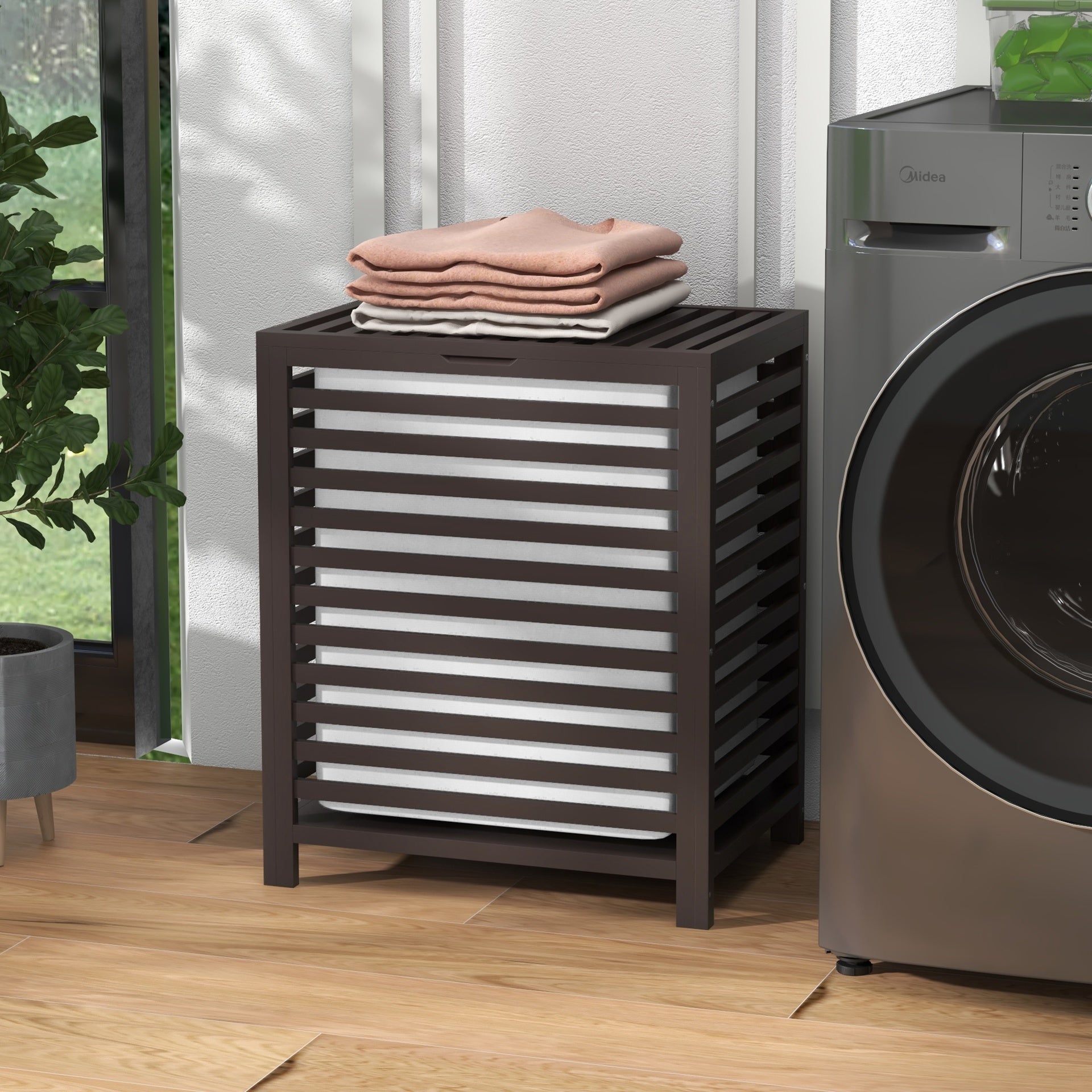 HOMCOM 55 L Bamboo Laundry Basket with Lid, Cloth Hamper with Removable Liner Bag, 19.75 x 14.25 x 23.5 Inches, Coffee