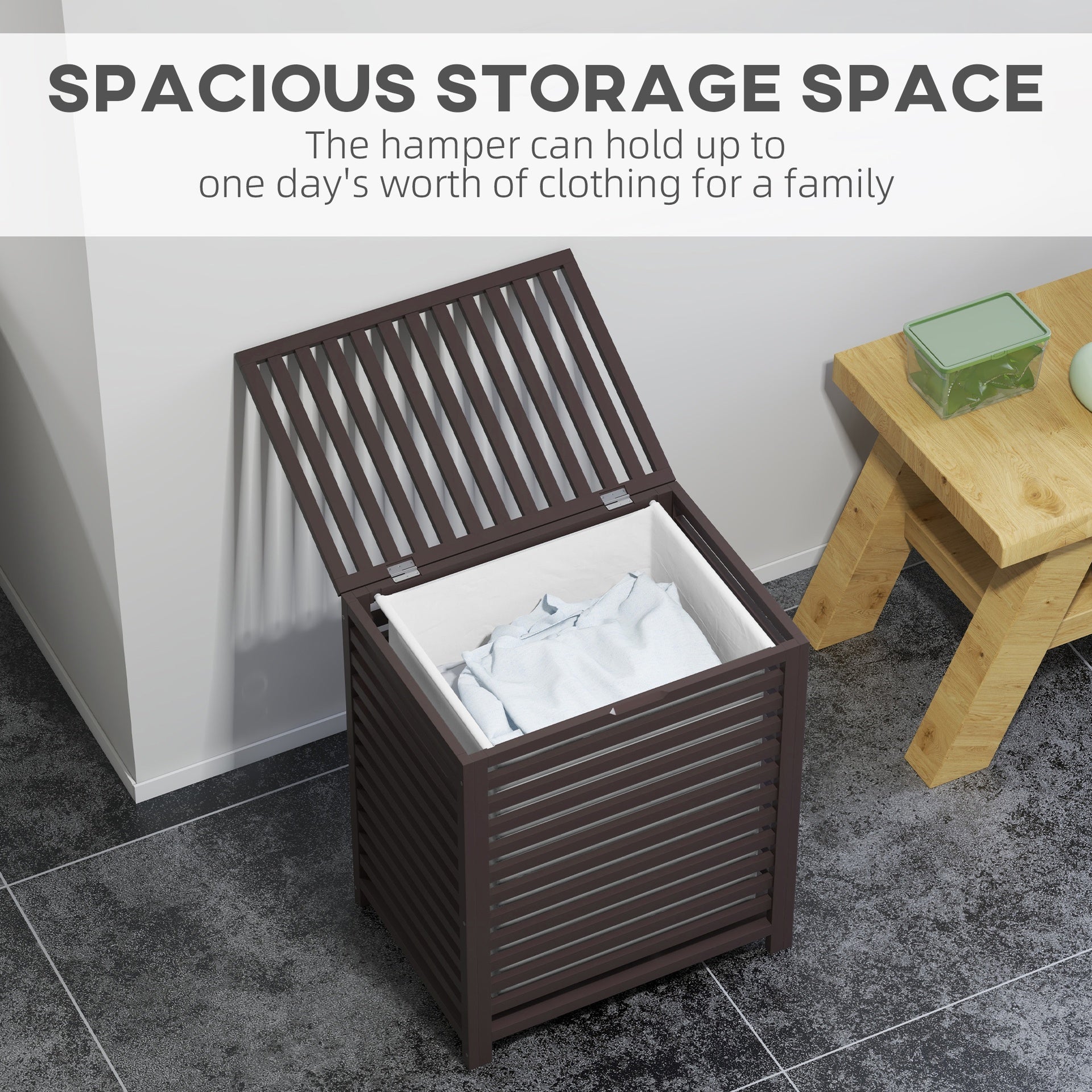 HOMCOM 55 L Bamboo Laundry Basket with Lid, Cloth Hamper with Removable Liner Bag, 19.75 x 14.25 x 23.5 Inches, Coffee