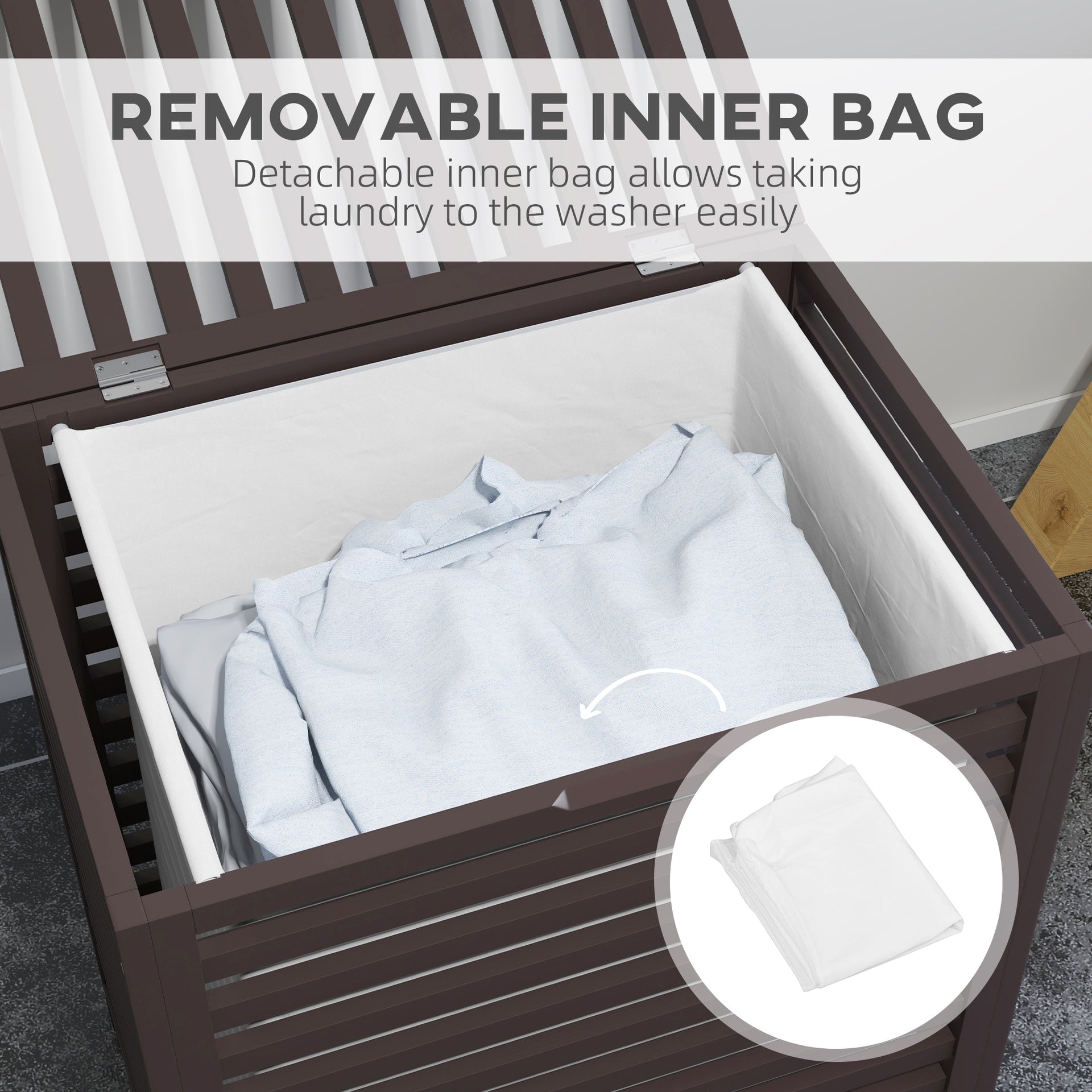 HOMCOM 55 L Bamboo Laundry Basket with Lid, Cloth Hamper with Removable Liner Bag, 19.75 x 14.25 x 23.5 Inches, Coffee