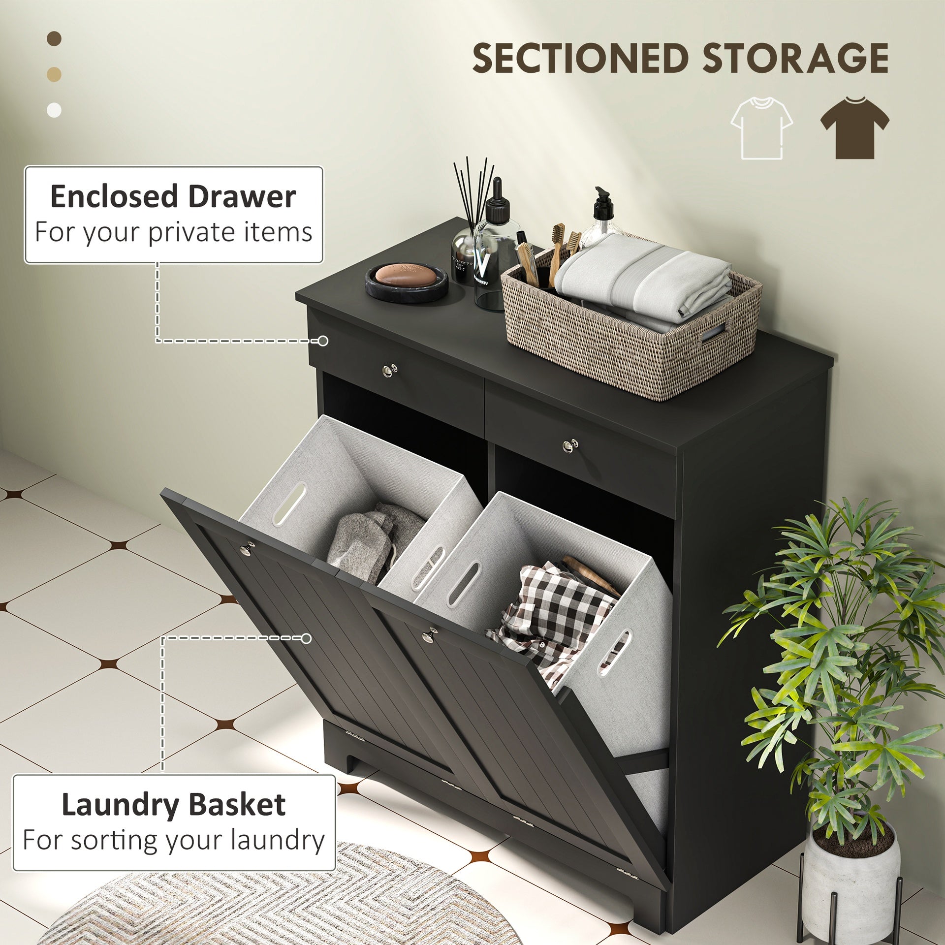 HOMCOM Laundry Hamper Cabinet, Laundry Cabinet with 2 Tilt Out Laundry Baskets and 2 Drawers, Black