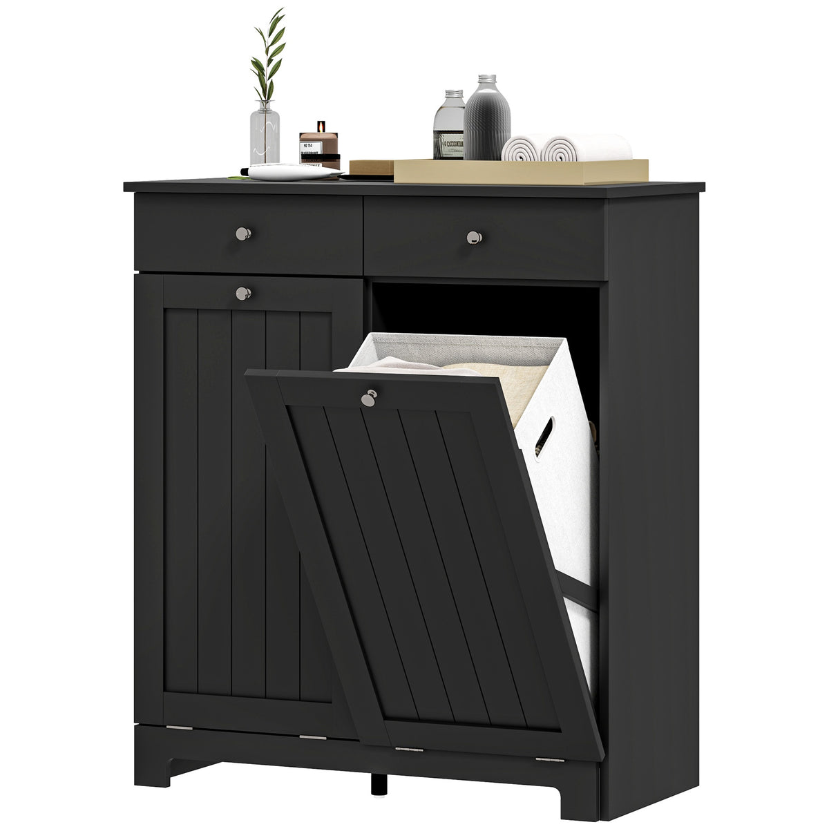 HOMCOM Laundry Hamper Cabinet, Laundry Cabinet with 2 Tilt Out Laundry Baskets and 2 Drawers, Black