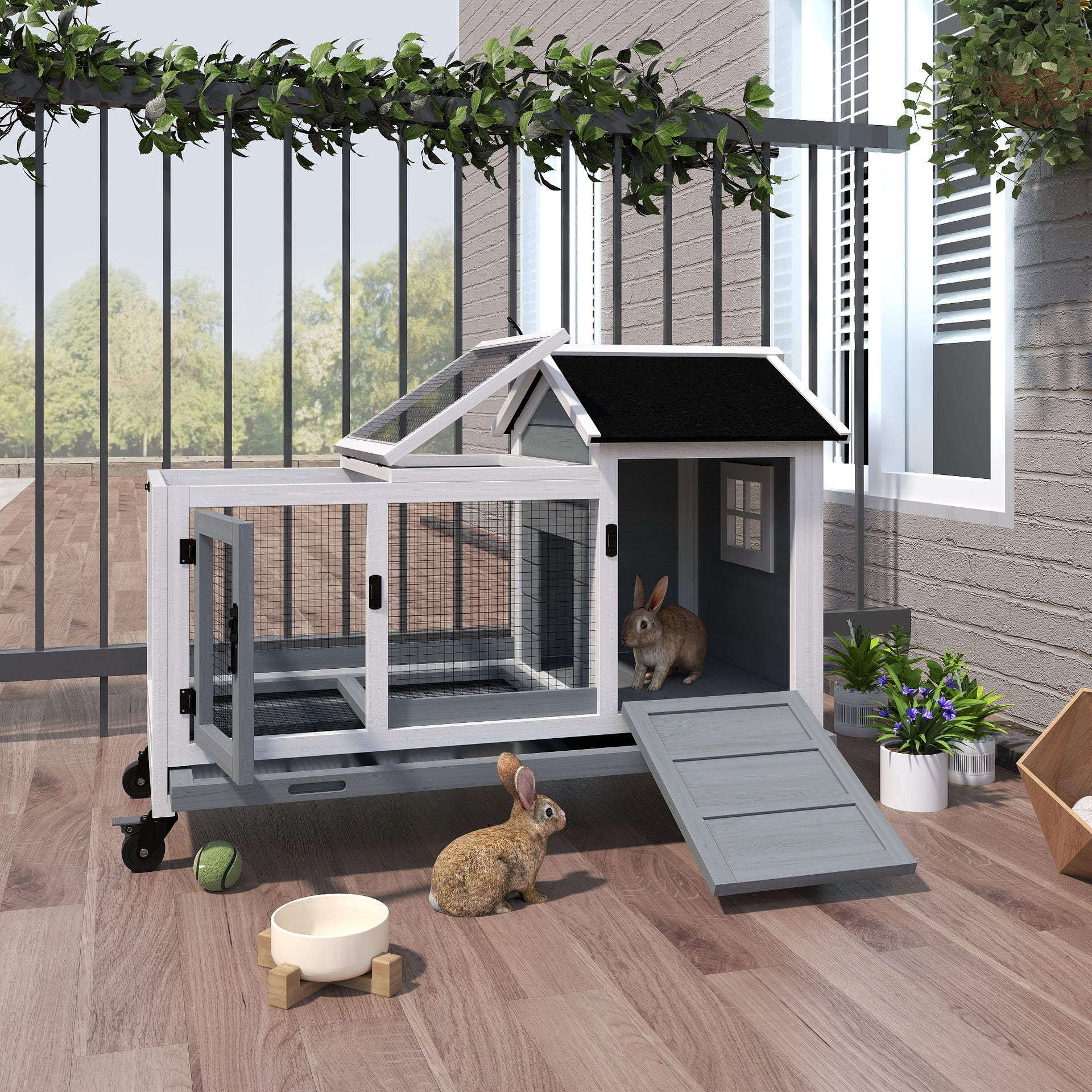 PawHut Wooden Rabbit Hutch with Wheels, Run, Slide-out Tray for Small Animals, Guinea Pig, Blue