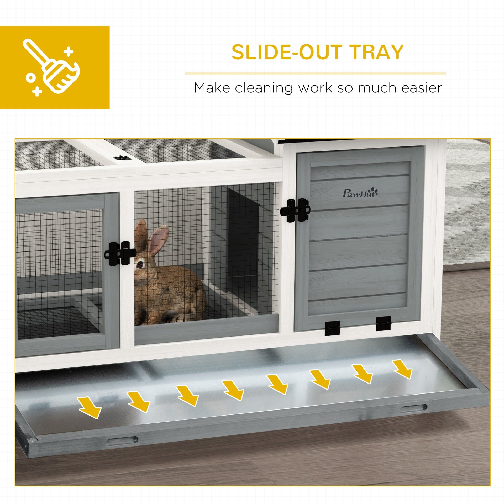 PawHut Wooden Rabbit Hutch with Wheels, Run, Slide-out Tray for Small Animals, Guinea Pig, Blue