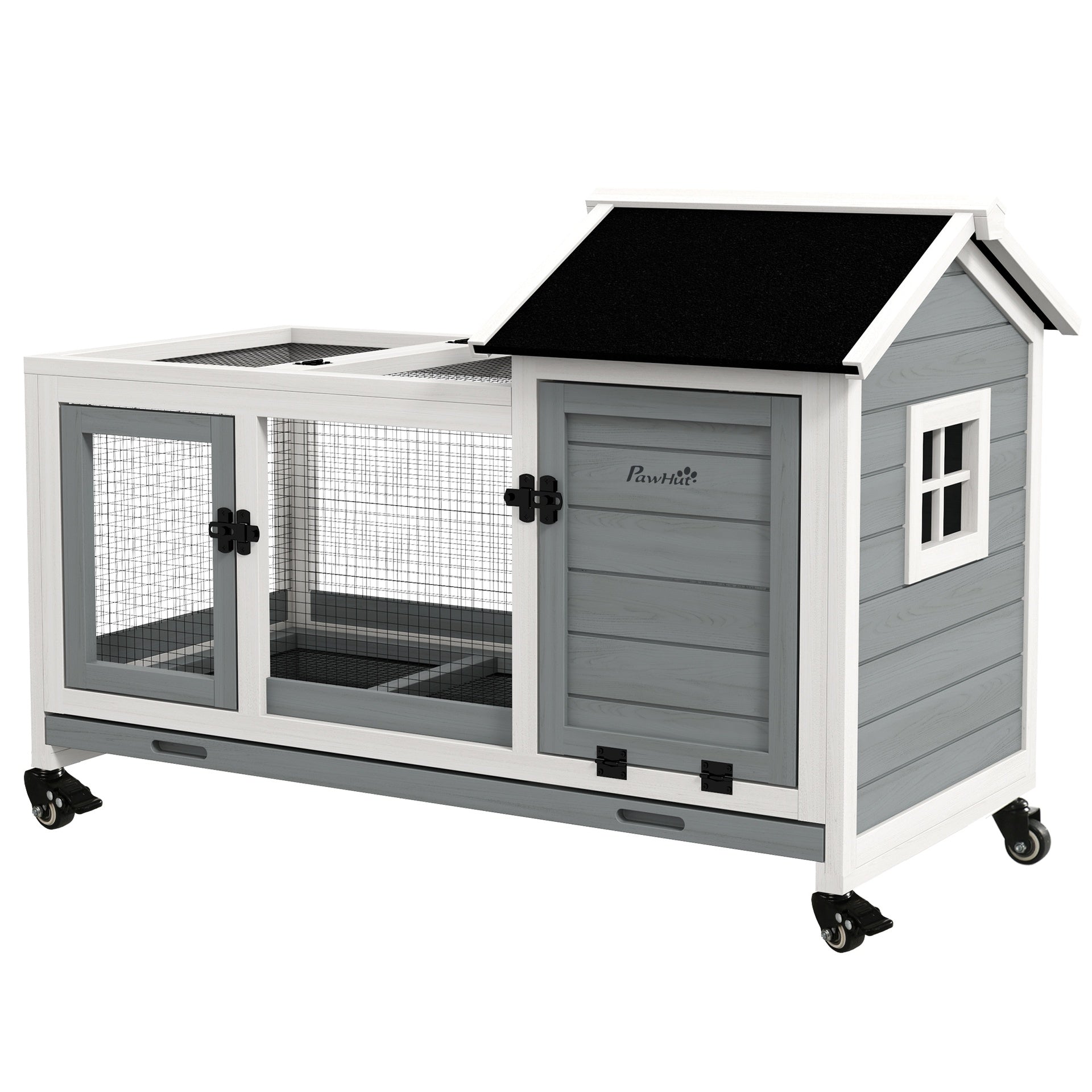 PawHut Wooden Rabbit Hutch with Wheels, Run, Slide-out Tray for Small Animals, Guinea Pig, Blue