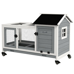 PawHut Wooden Rabbit Hutch with Wheels, Run, Slide-out Tray for Small Animals, Guinea Pig, Blue