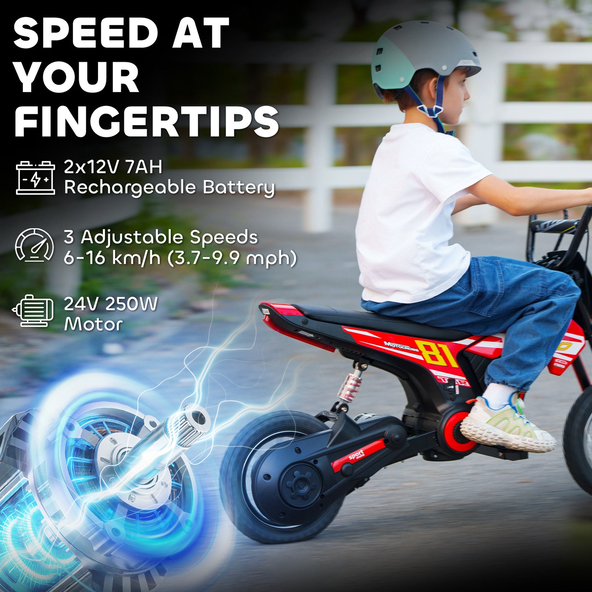 Qaba 24V Kids Motorcycle, Electric Dirt Bike with 250W Motor, Up to 9.9 MPH, 12" Inflatable Tires and Rear Suspension, Red