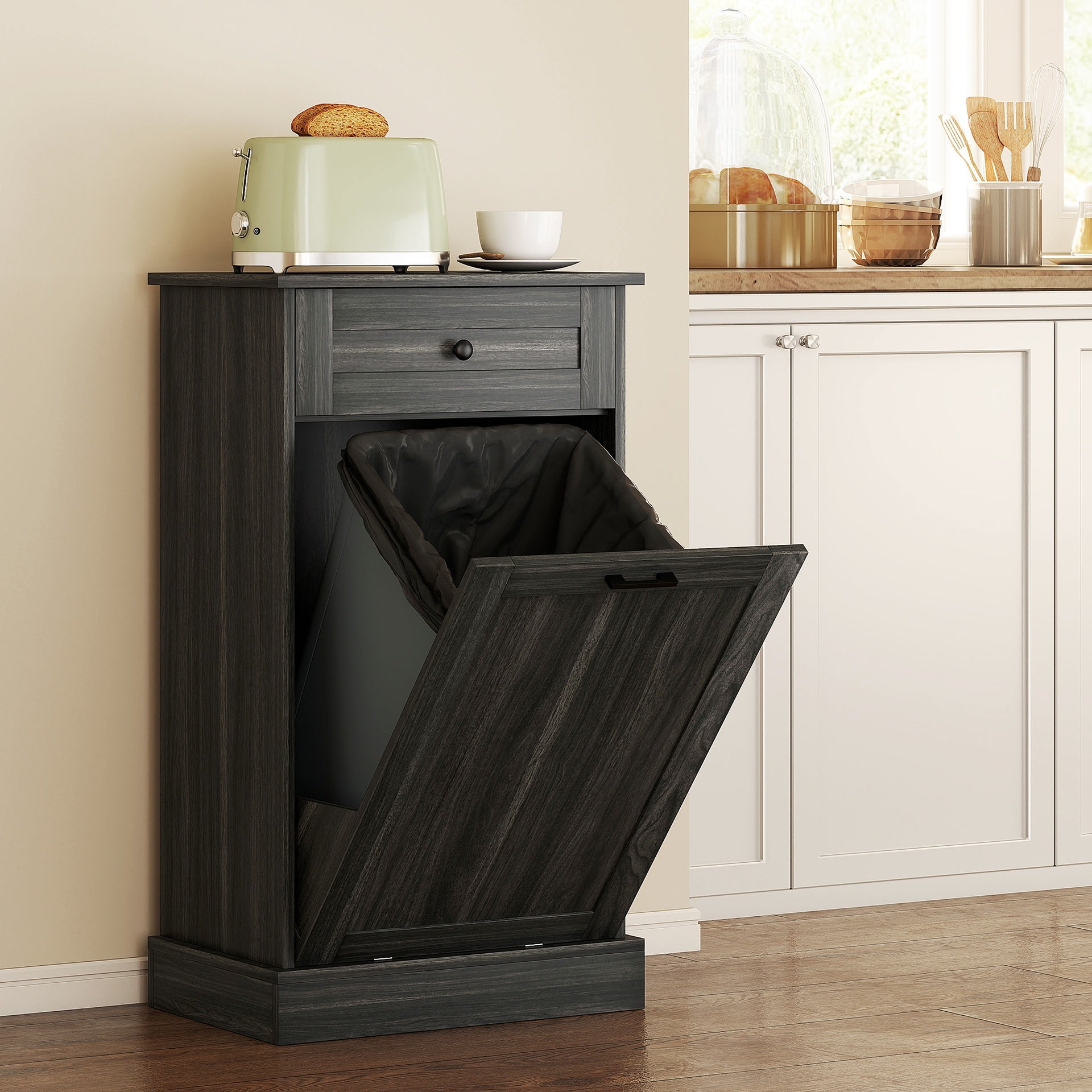 HOMCOM Kitchen Tilt Out Trash Bin Cabinet Free Standing Storage Cabinet with Drawer, Charcoal Gray