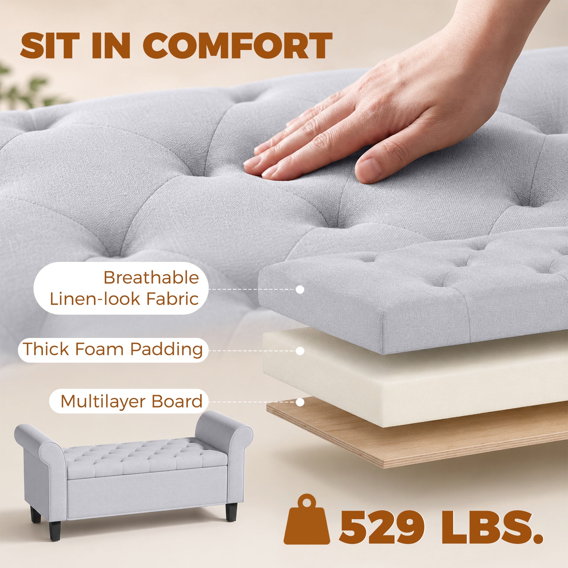 HOMCOM 47" Storage Ottoman Bench, Tufted End of Bed Bench with Rolled Arms, Safety Hinge, Wood Legs for Bedroom, Light Gray