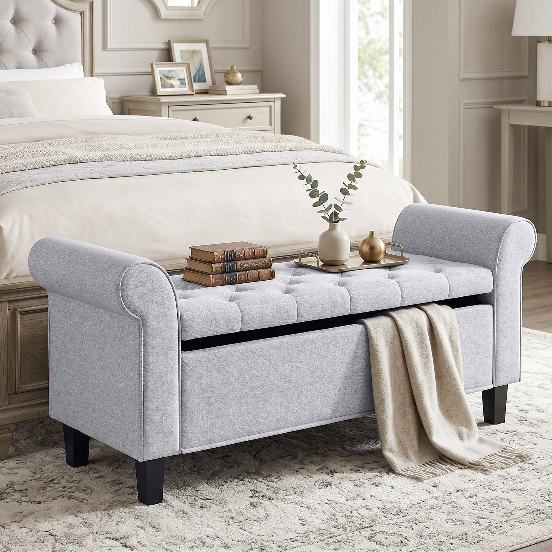 HOMCOM 47" Storage Ottoman Bench, Tufted End of Bed Bench with Rolled Arms, Safety Hinge, Wood Legs for Bedroom, Light Gray