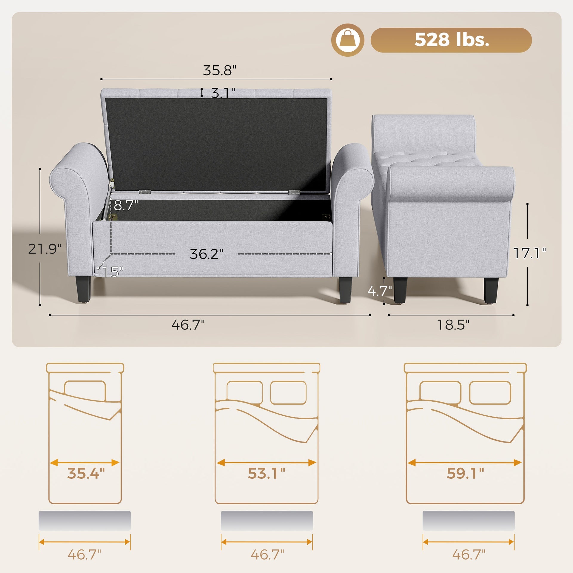 HOMCOM 47" Storage Ottoman Bench, Tufted End of Bed Bench with Rolled Arms, Safety Hinge, Wood Legs for Bedroom, Light Gray