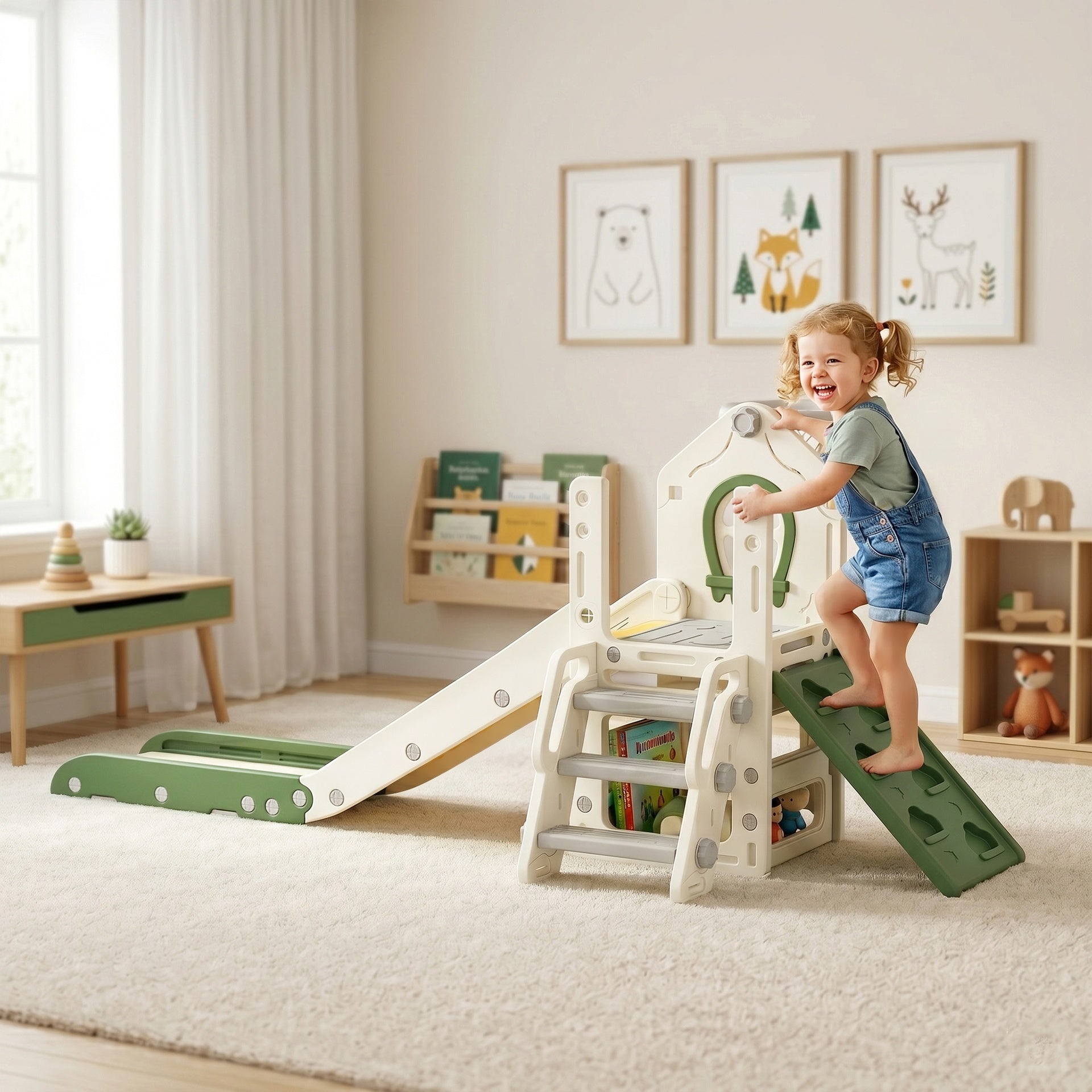 Qaba Foldable 5 in 1 Toddler Slide with Ladder, Climbing Wall, Basketball Hoop, Storage and Basketball for 1-3 Years, Cream
