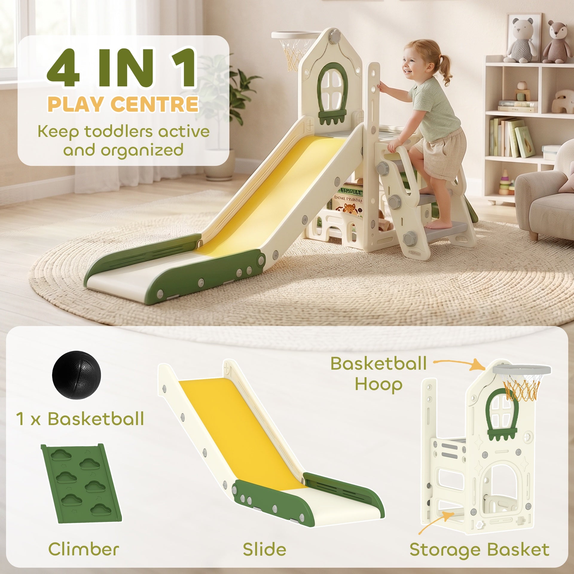 Qaba Foldable 5 in 1 Toddler Slide with Ladder, Climbing Wall, Basketball Hoop, Storage and Basketball for 1-3 Years, Cream