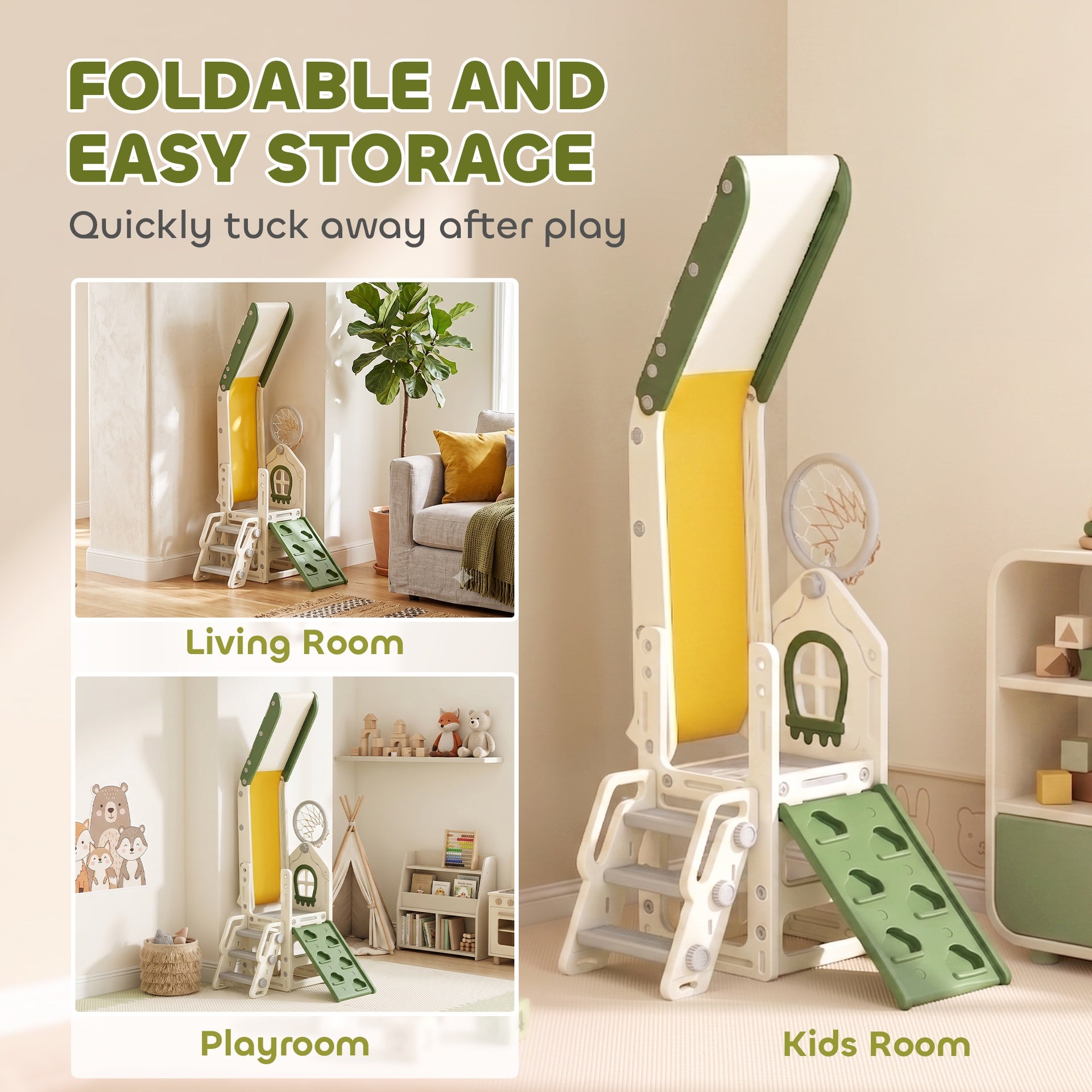 Qaba Foldable 5 in 1 Toddler Slide with Ladder, Climbing Wall, Basketball Hoop, Storage and Basketball for 1-3 Years, Cream