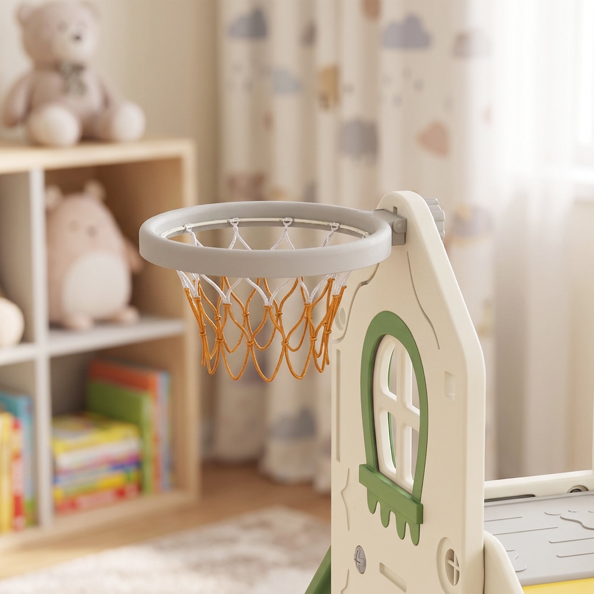Qaba Foldable 5 in 1 Toddler Slide with Ladder, Climbing Wall, Basketball Hoop, Storage and Basketball for 1-3 Years, Cream