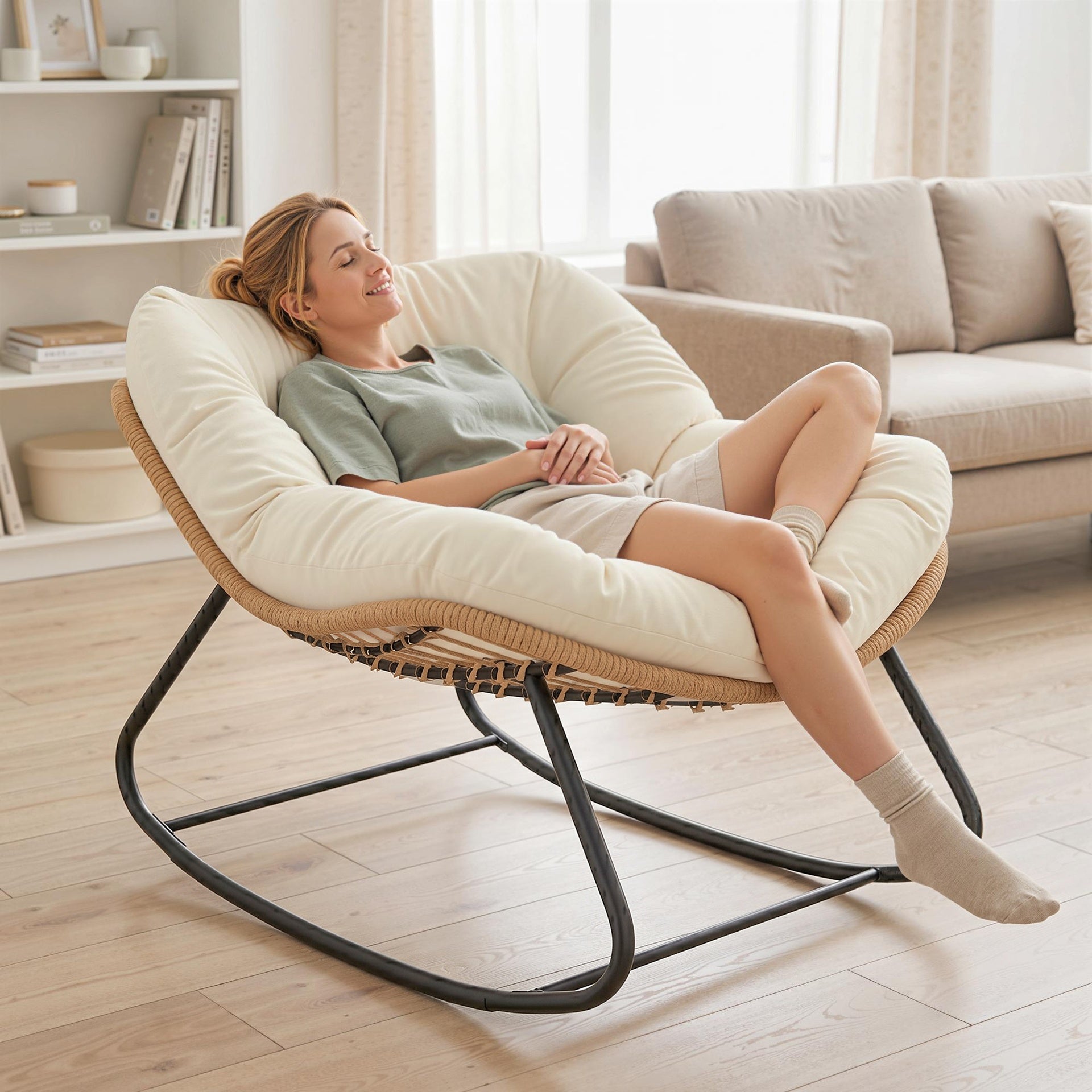 Outsunny Indoor Outdoor Papasan Rocking Chair, Oversized Rocking Egg Chair with Cushion for Garden, Patio, Beige