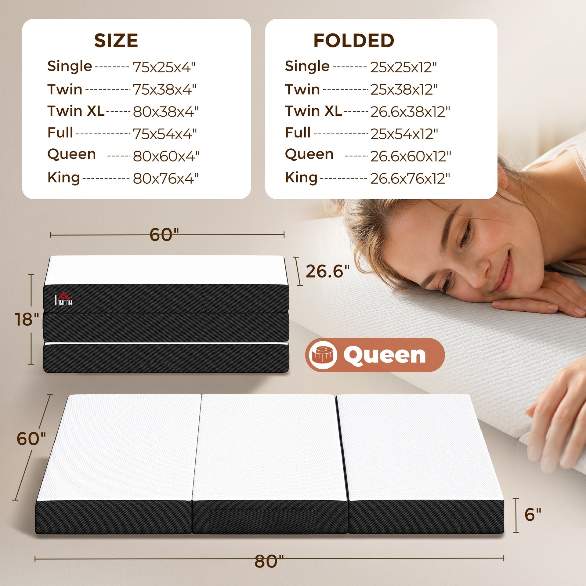HOMCOM Trifold Mattress, 6 Inch Memory Foam Mattress for Guest, Camping, RV, Travel, Yoga, Made in USA, 80" x 60" x 6"