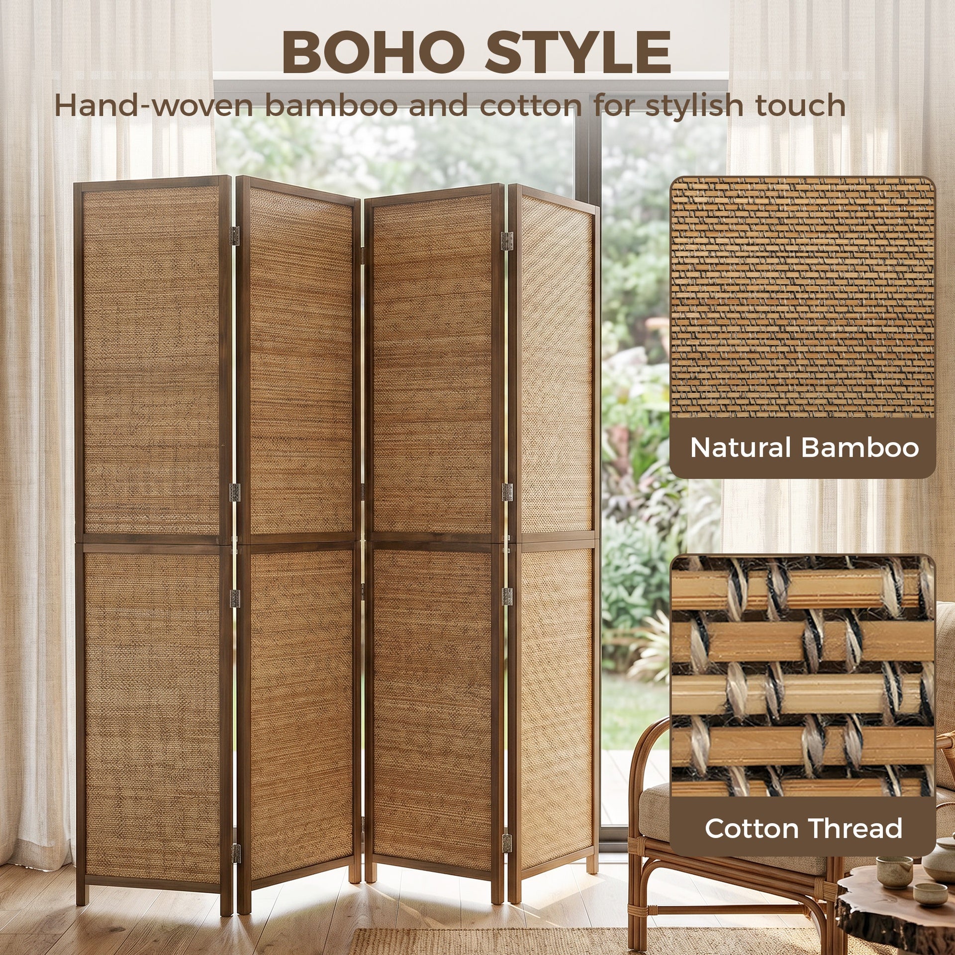 HOMCOM Room Divider, 4 Panel Folding Privacy Screen, 6 FT Tall Hand-Woven Bamboo Wall Partition, Brown