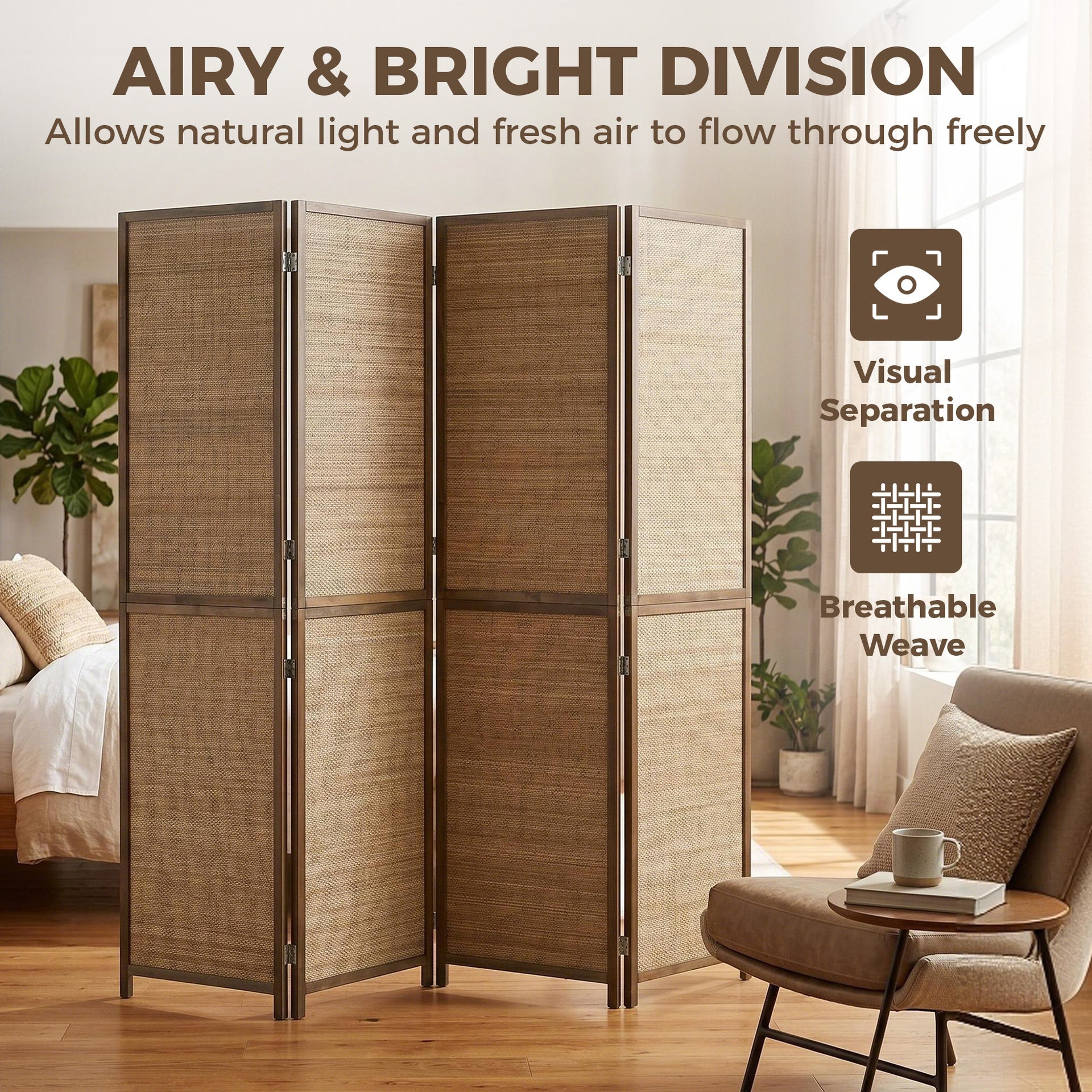 HOMCOM Room Divider, 4 Panel Folding Privacy Screen, 6 FT Tall Hand-Woven Bamboo Wall Partition, Brown