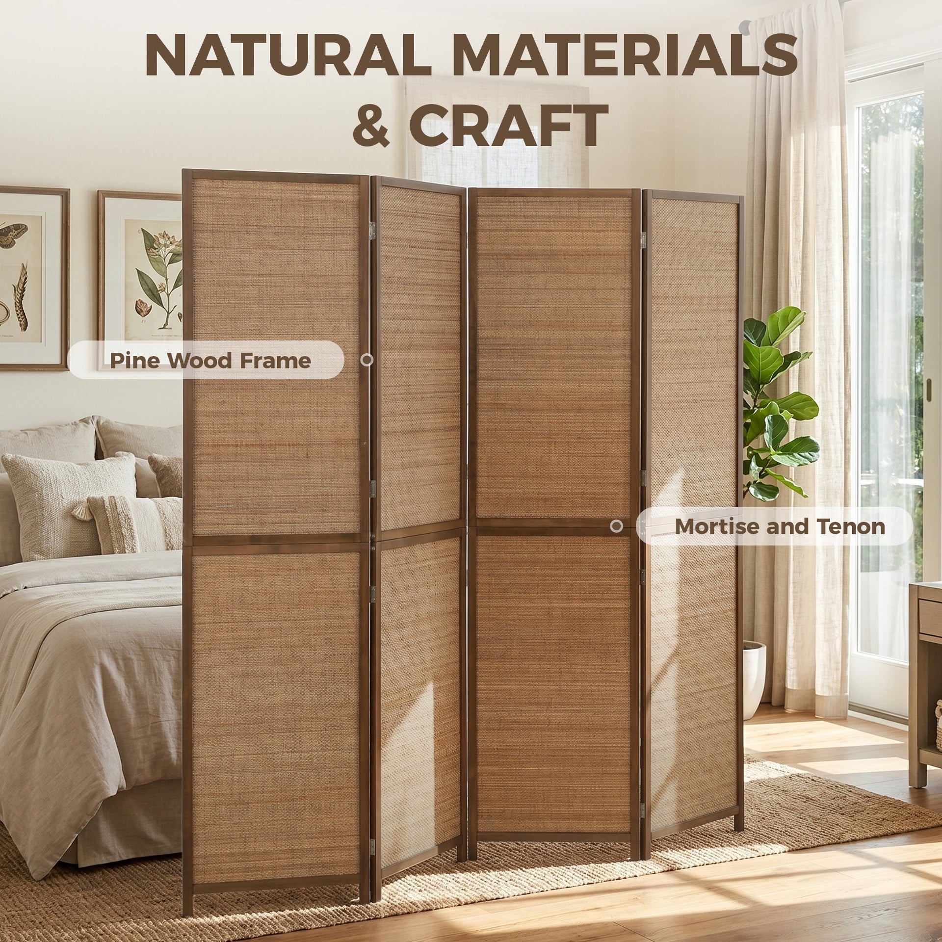 HOMCOM Room Divider, 4 Panel Folding Privacy Screen, 6 FT Tall Hand-Woven Bamboo Wall Partition, Brown