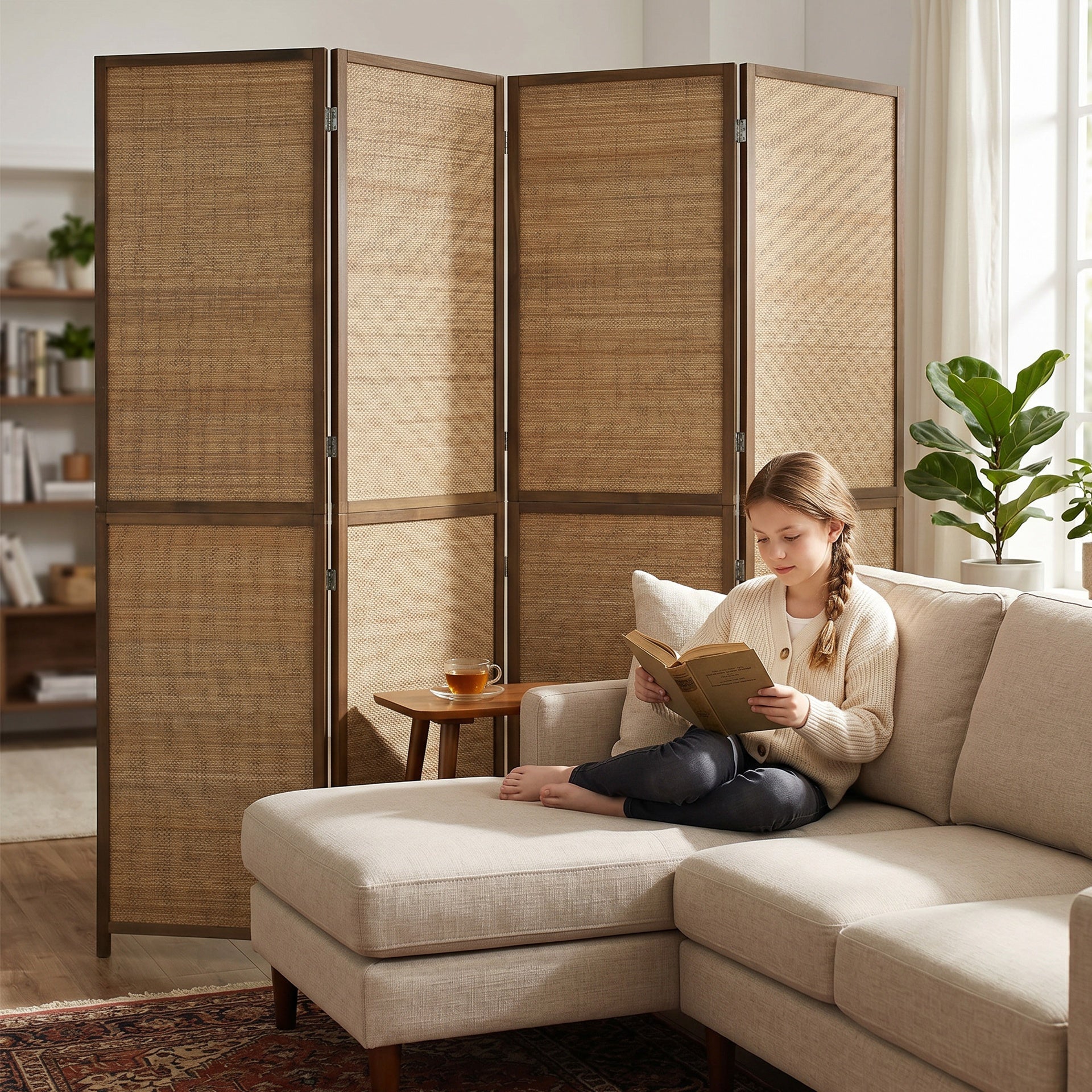 HOMCOM Room Divider, 4 Panel Folding Privacy Screen, 6 FT Tall Hand-Woven Bamboo Wall Partition, Brown