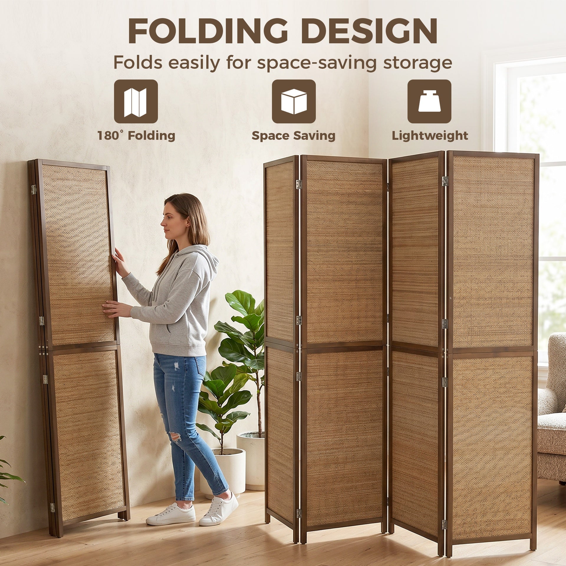 HOMCOM Room Divider, 4 Panel Folding Privacy Screen, 6 FT Tall Hand-Woven Bamboo Wall Partition, Brown