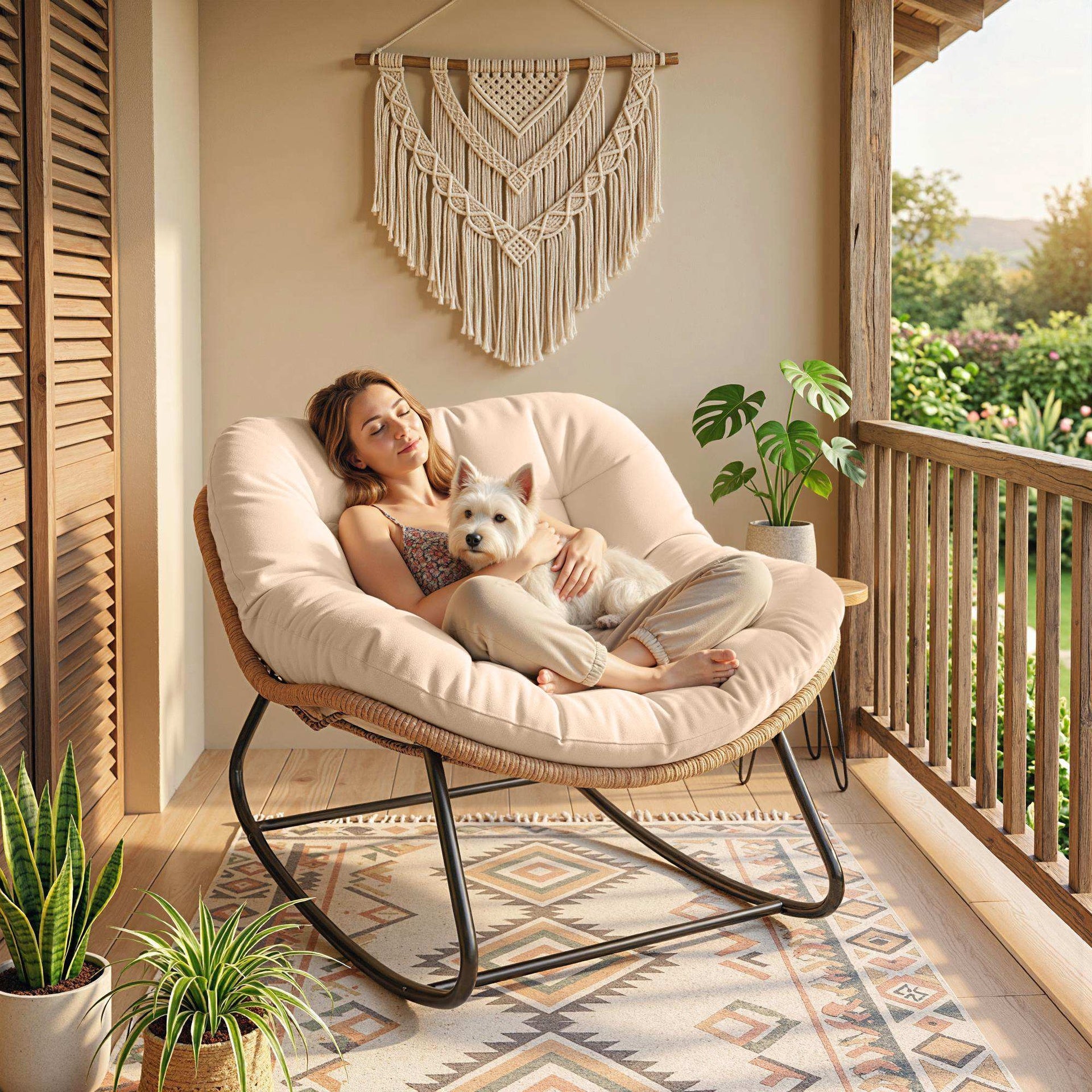 Outsunny Indoor Outdoor Papasan Rocking Chair, Oversized Rocking Egg Chair with Cushion for Garden, Patio, Cream White