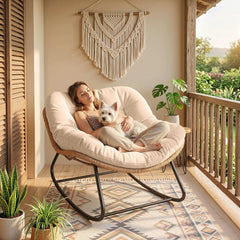 Outsunny Indoor Outdoor Papasan Rocking Chair, Oversized Rocking Egg Chair with Cushion for Garden, Patio, Cream White